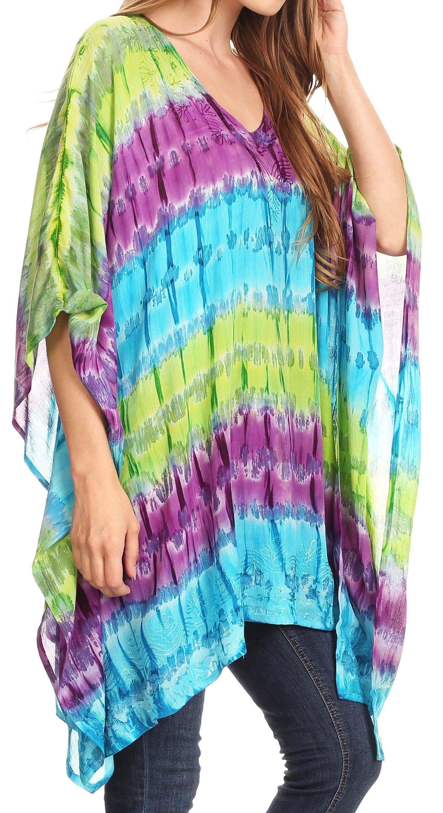 Colorful tie-dye caftan worn by a person on a white background