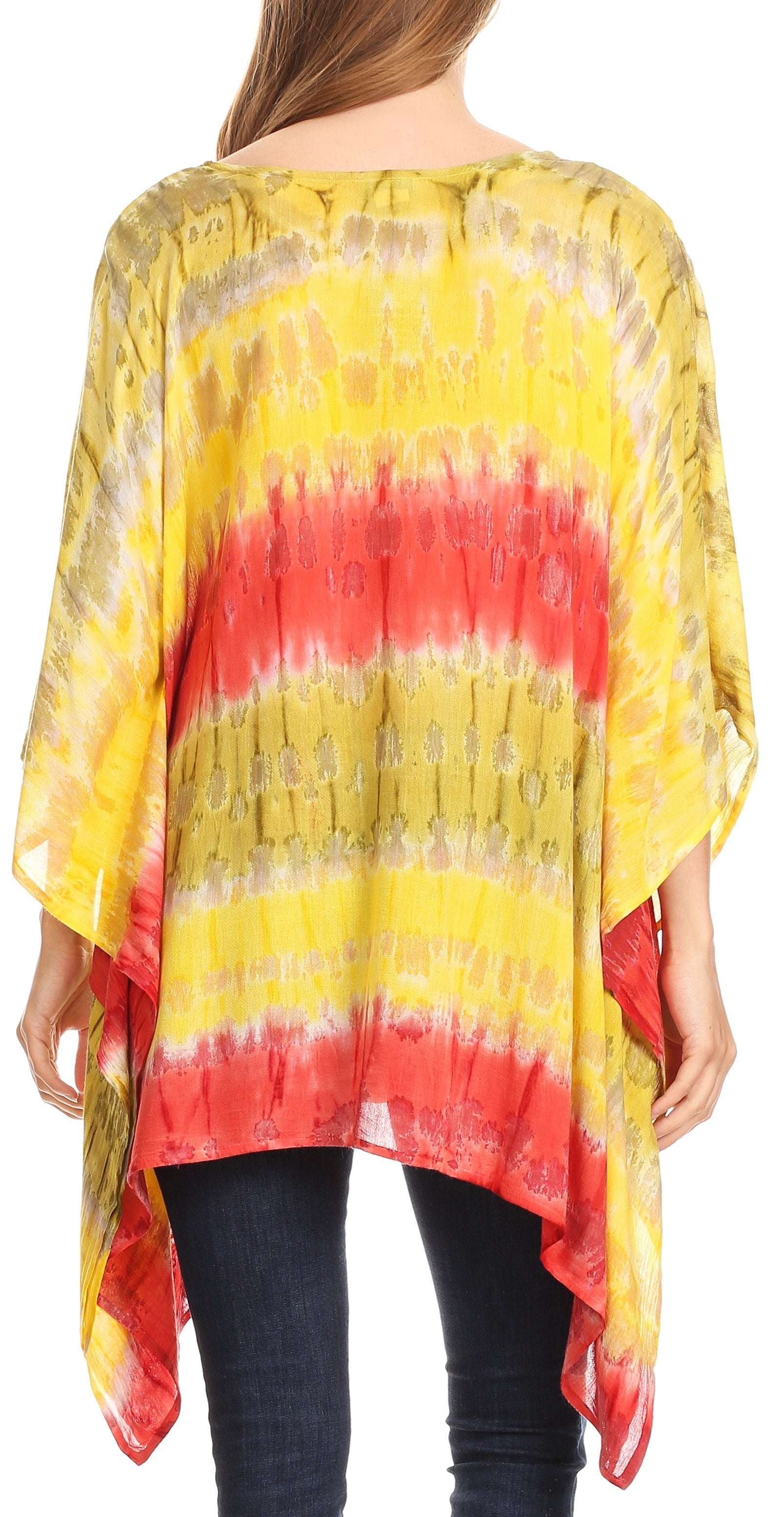 Yellow and red tie-dye kimono-style top worn by a person on a white background