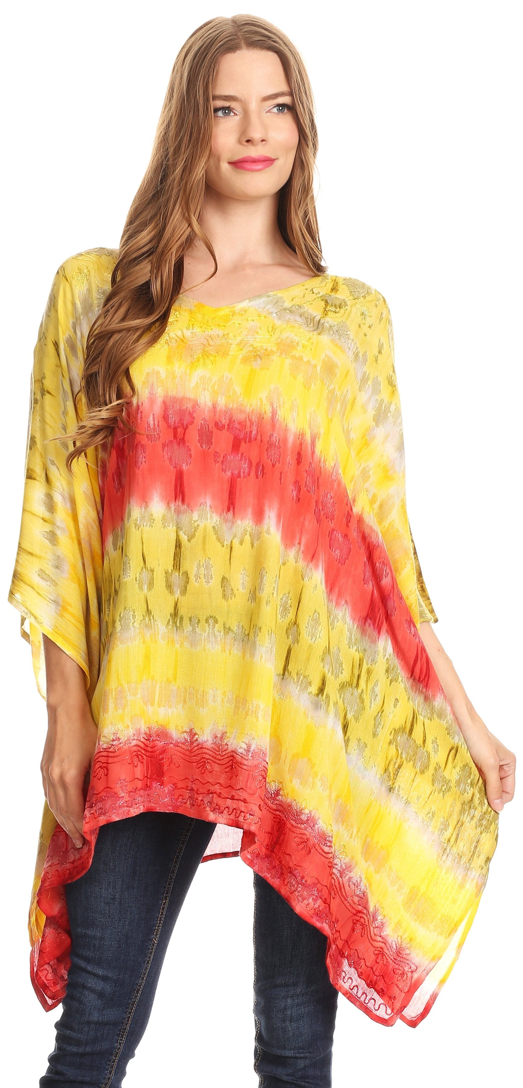 Woman wearing a yellow and red tie-dye dress on a white background