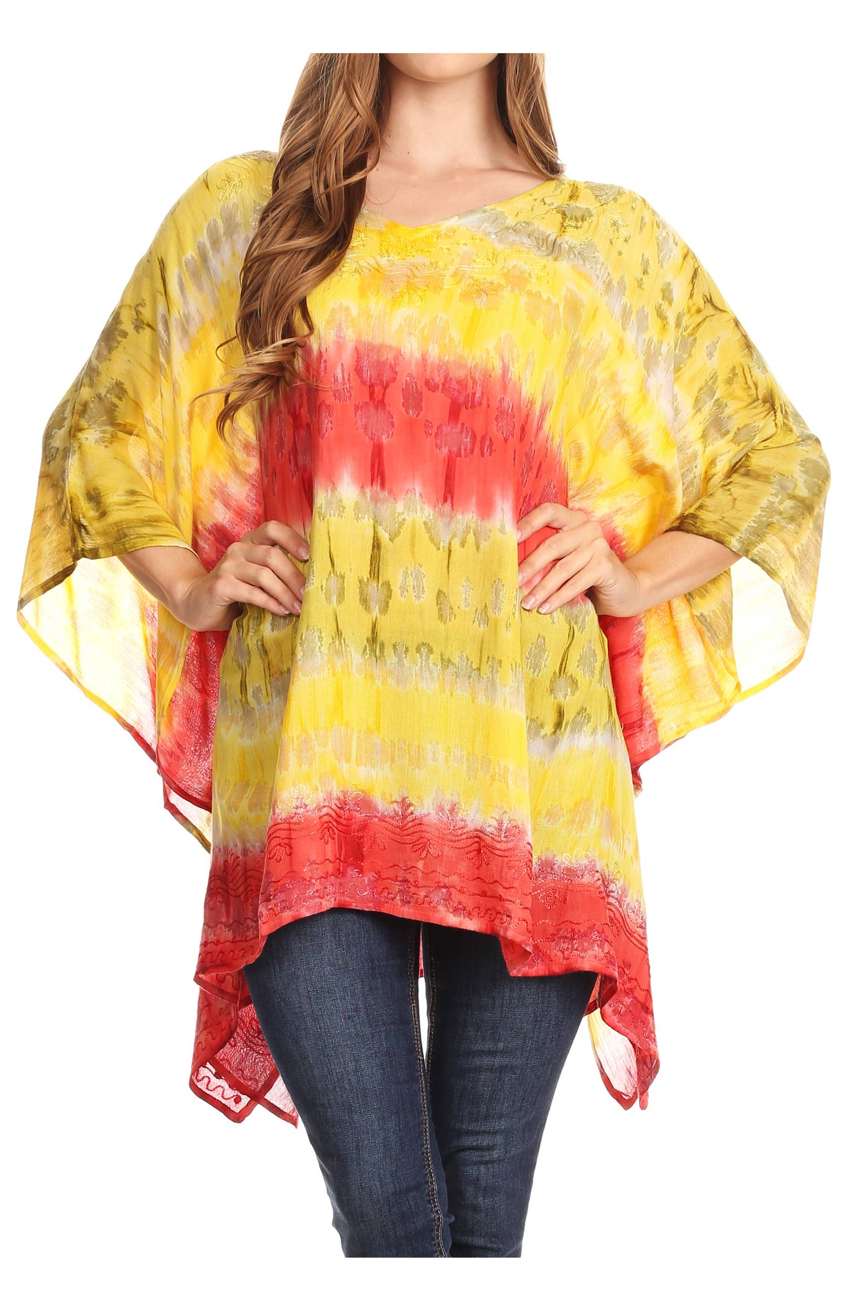 Woman wearing a yellow and red tie-dye shirt on a white background