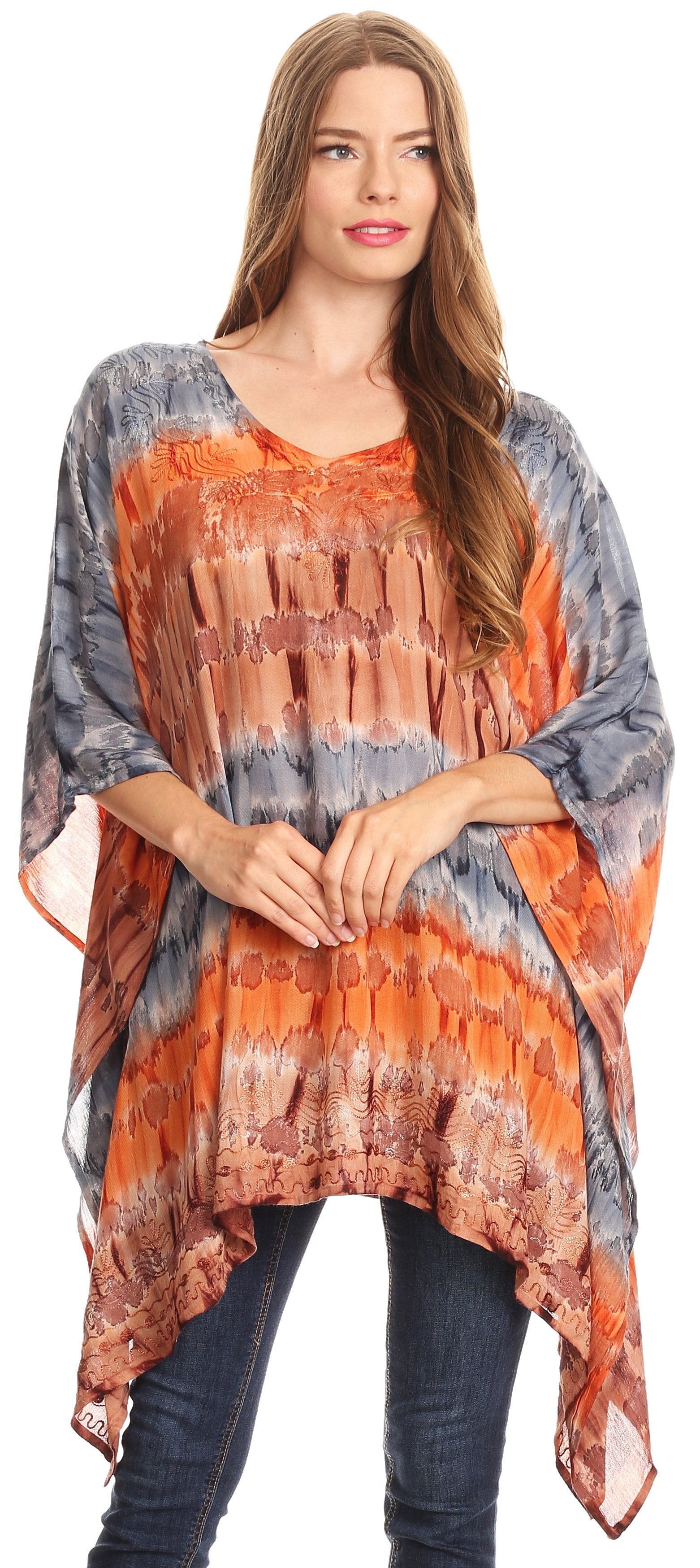 Woman wearing a colorful tie-dye shirt with a white background