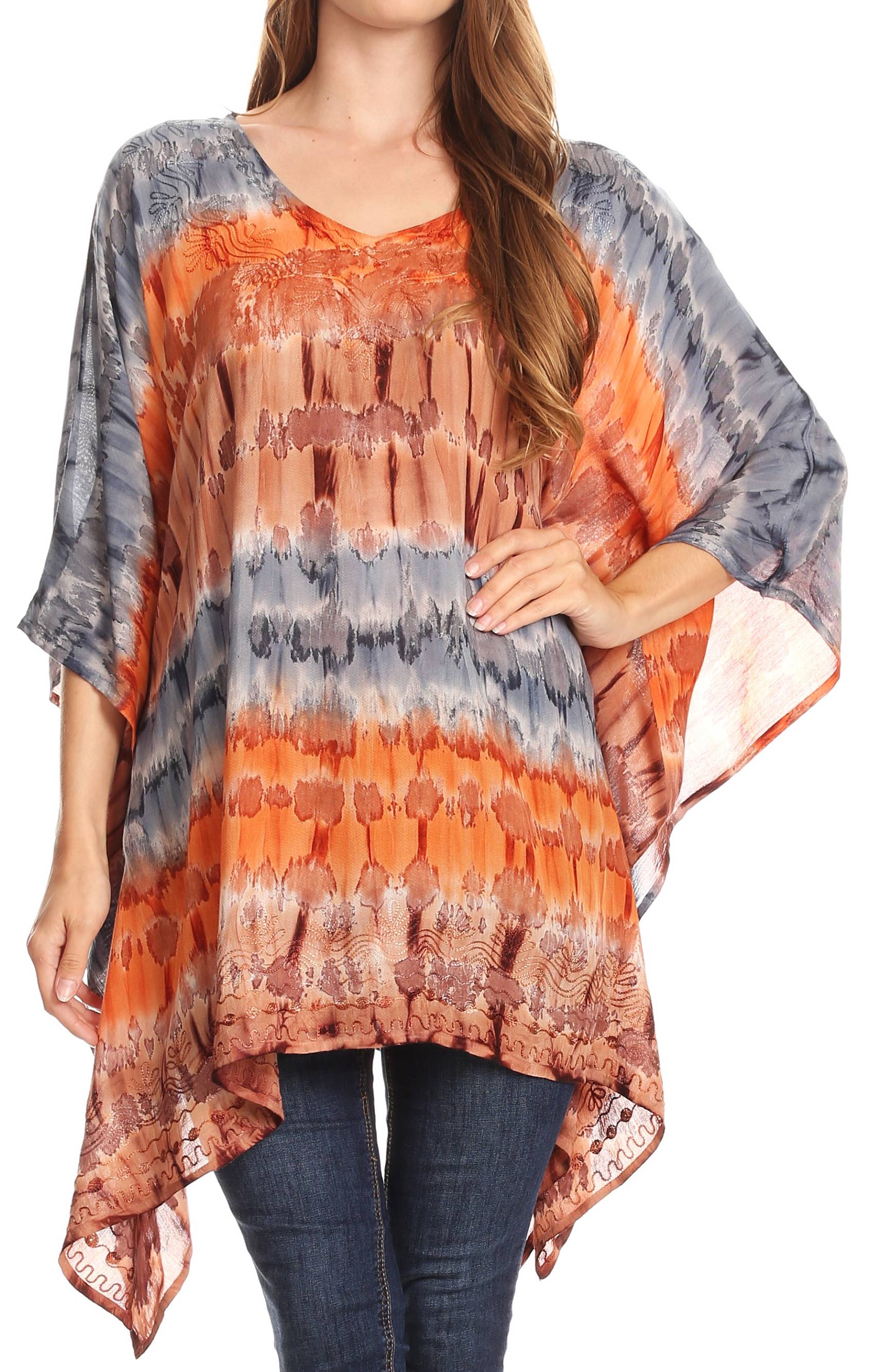 Woman wearing a tie-dye kimono-style top with orange and gray patterns on a white background