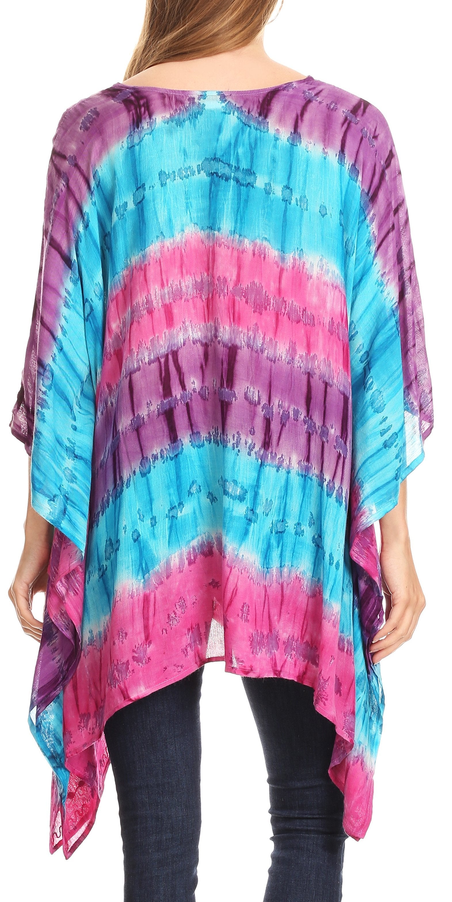 Multicolored tie-dye top worn by a person