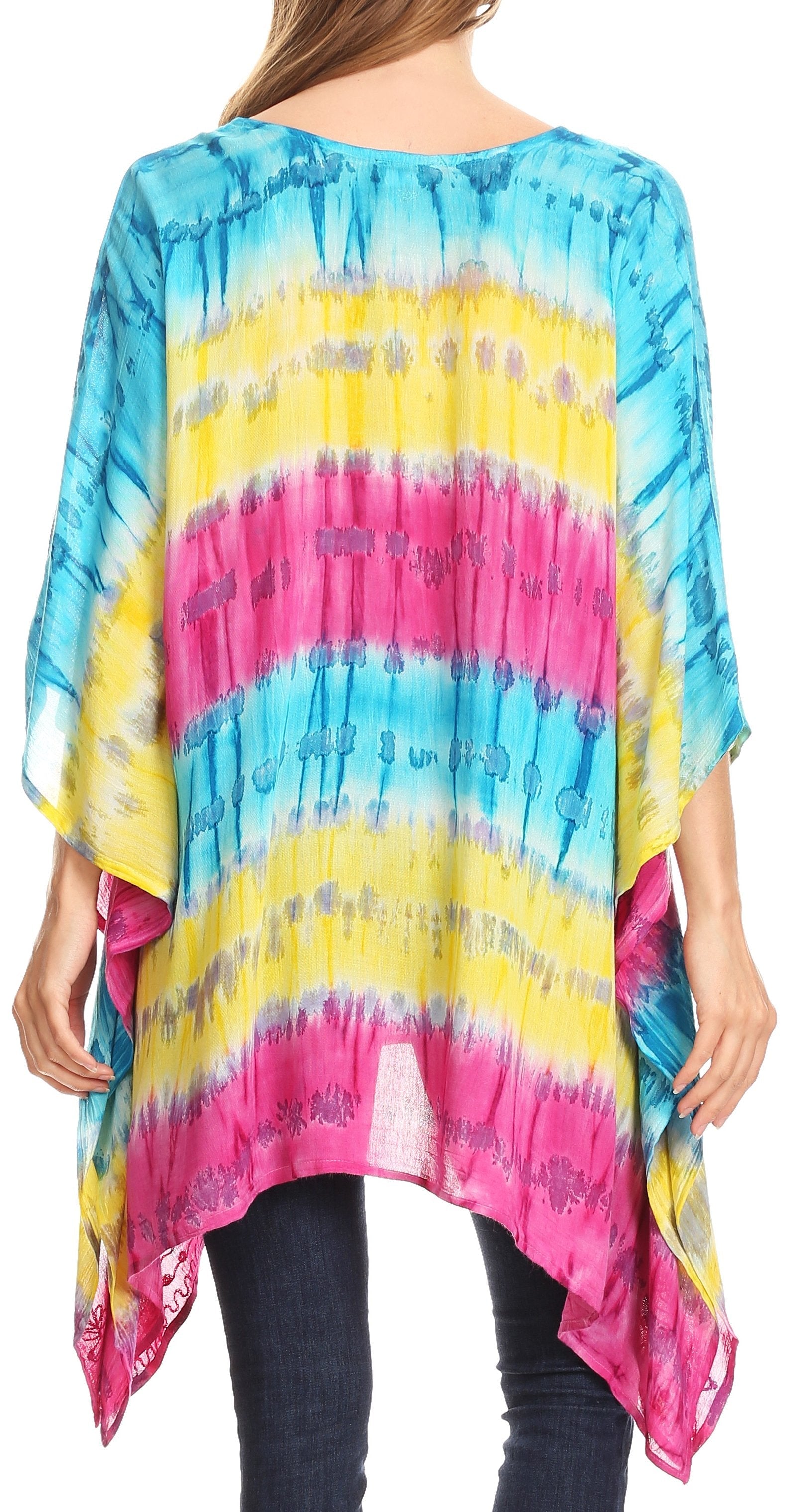 Multicolored tie-dye shirt worn by a person on a white background