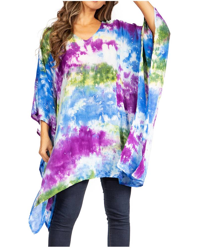Multicolored tie-dye shirt worn by a person on a white background