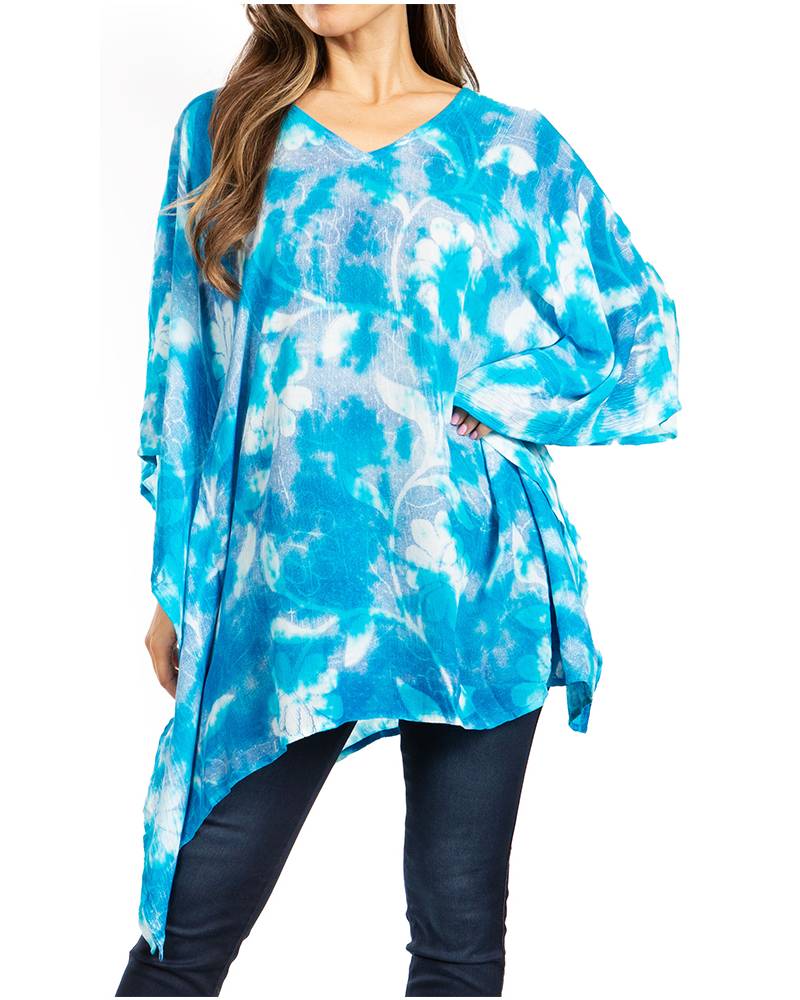 Blue and white tie-dye long-sleeve top worn by a person on a white background