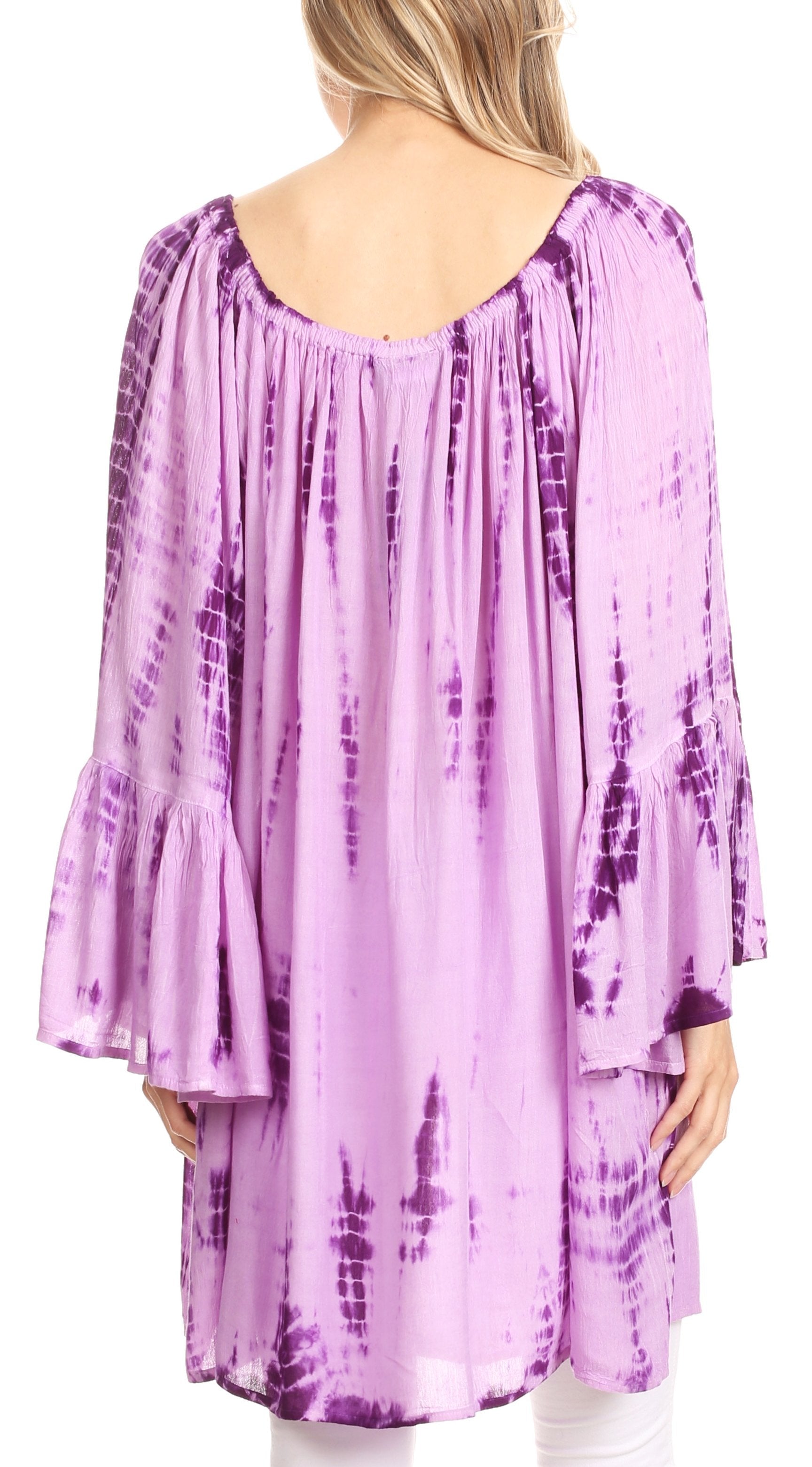 Purple tie-dye long-sleeve top worn by a person on a white background