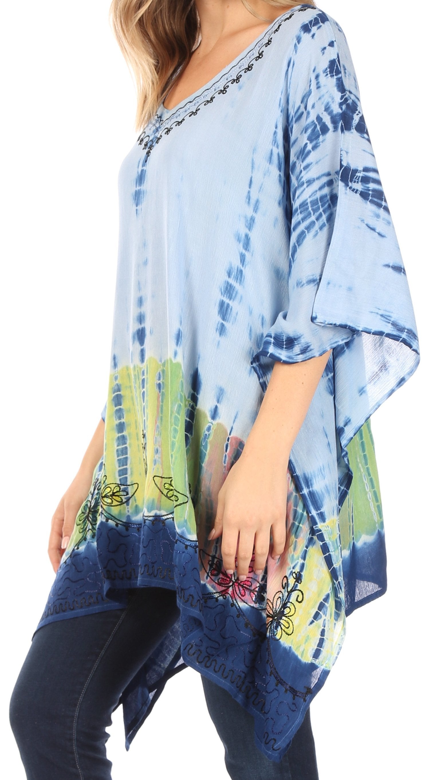 Blue tie-dye kimono-style top with floral embroidery on a white background