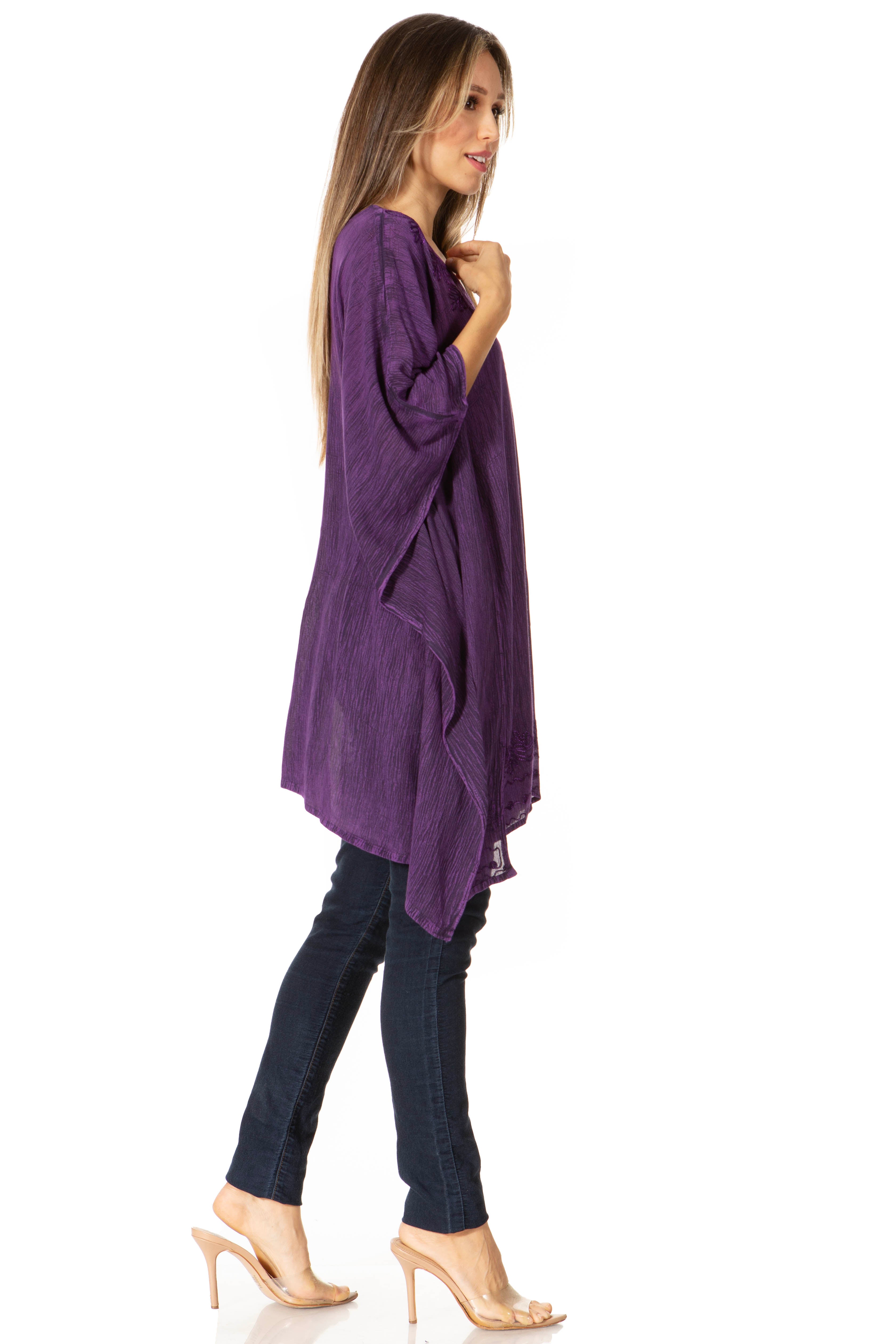 Woman wearing a purple outfit with a white background