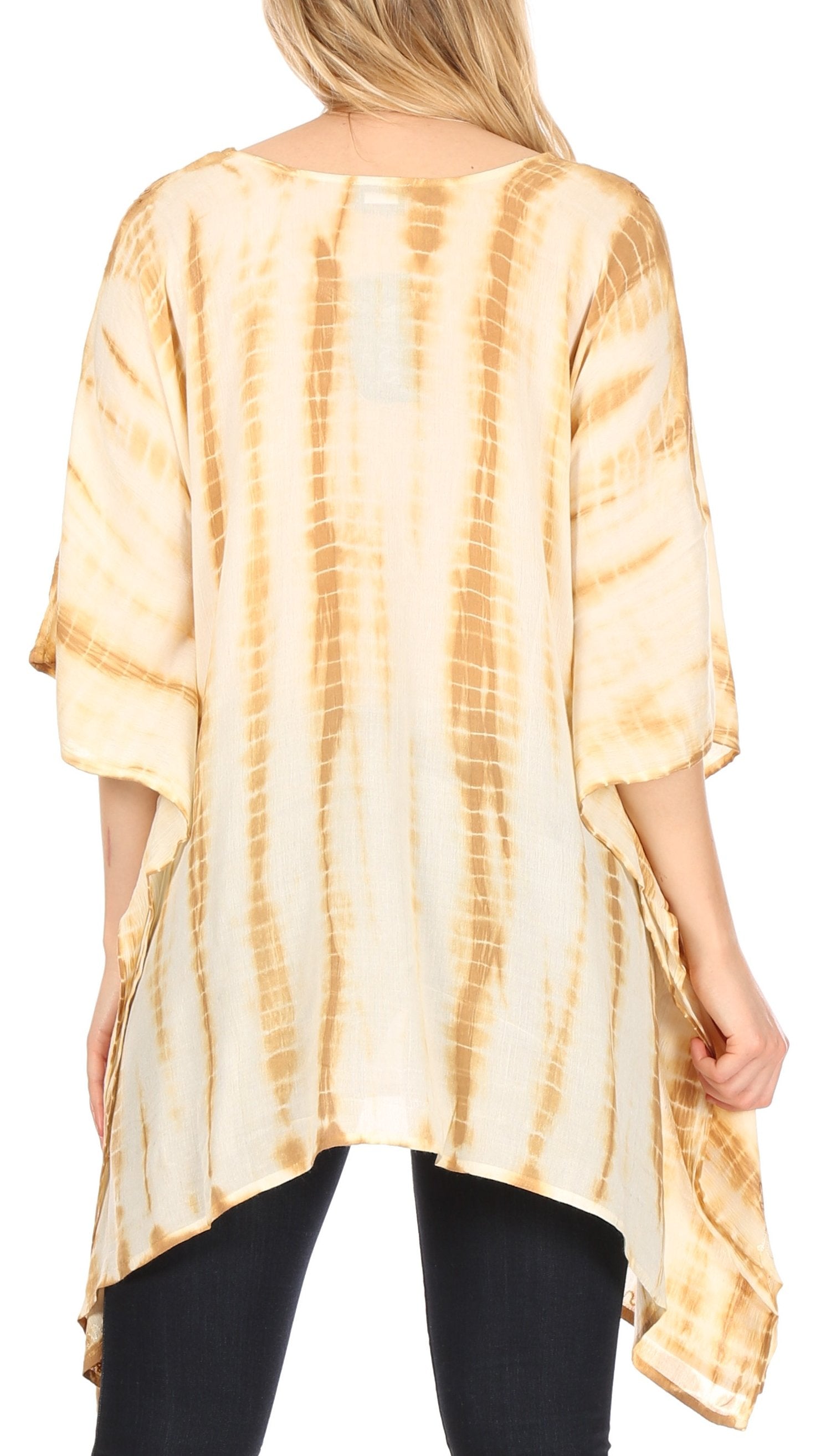 Woman wearing a tie-dye shirt with a white background