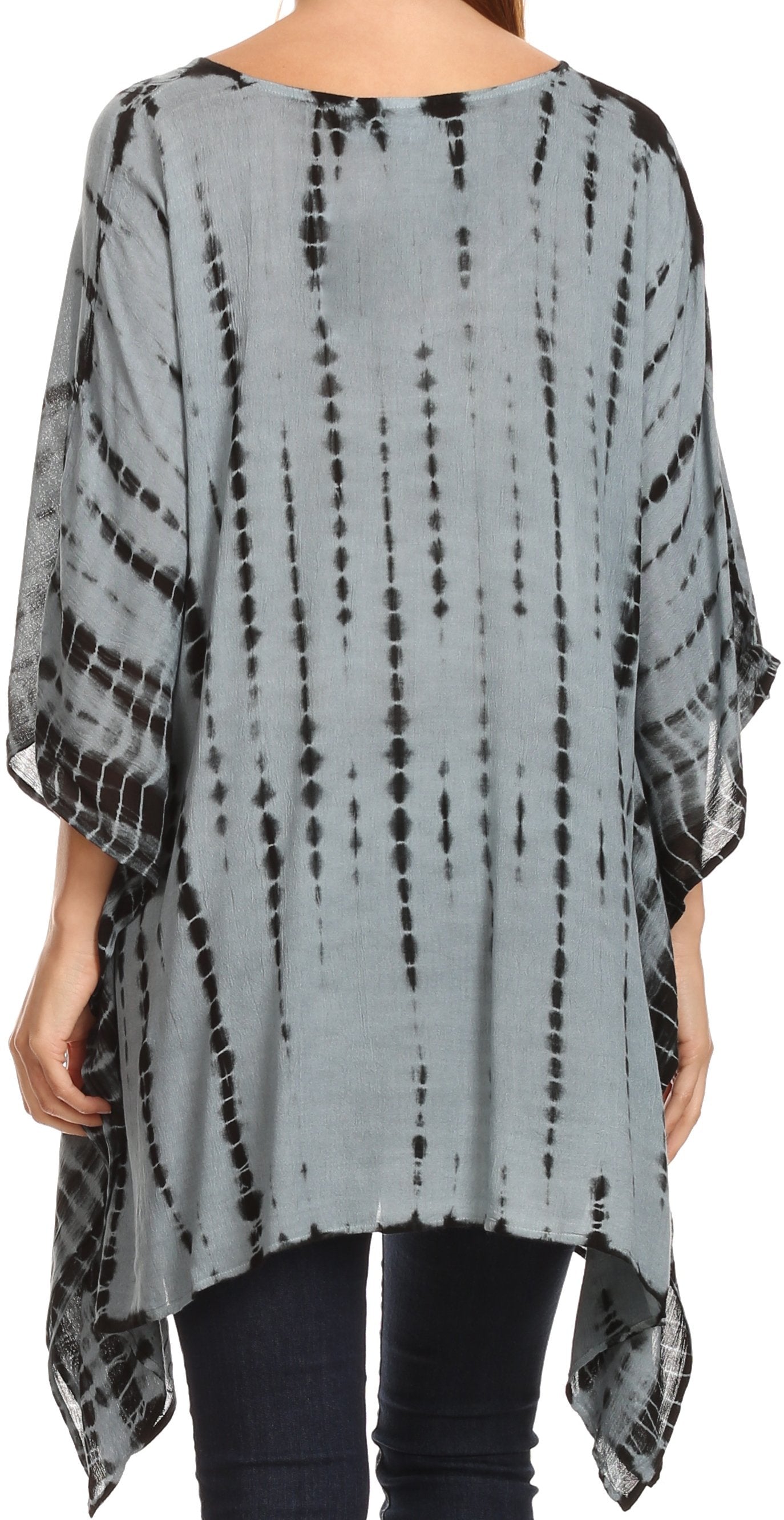 Gray tie-dye shirt worn by a person on a white background