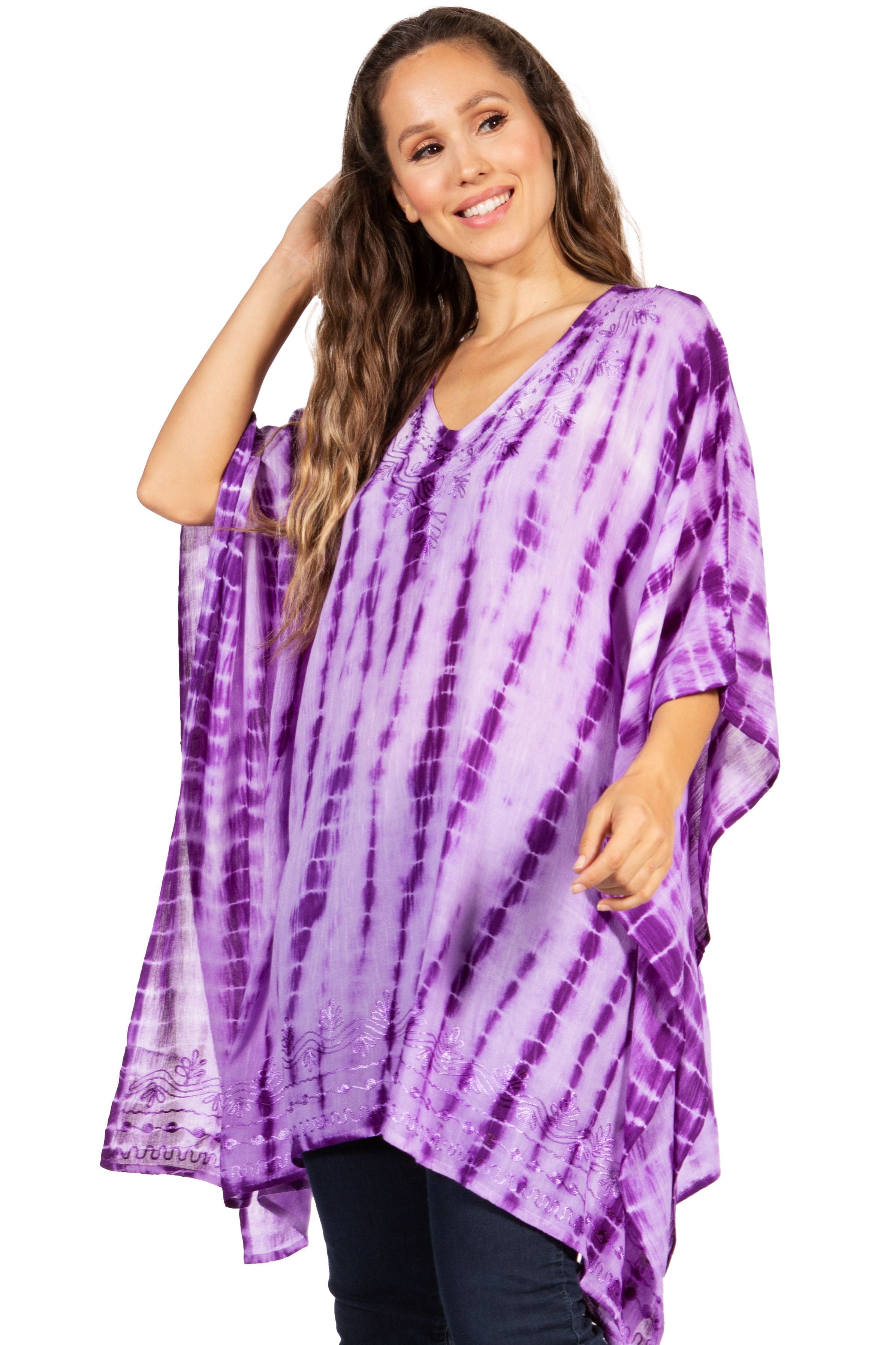 Woman wearing a purple tie-dye shirt on a white background
