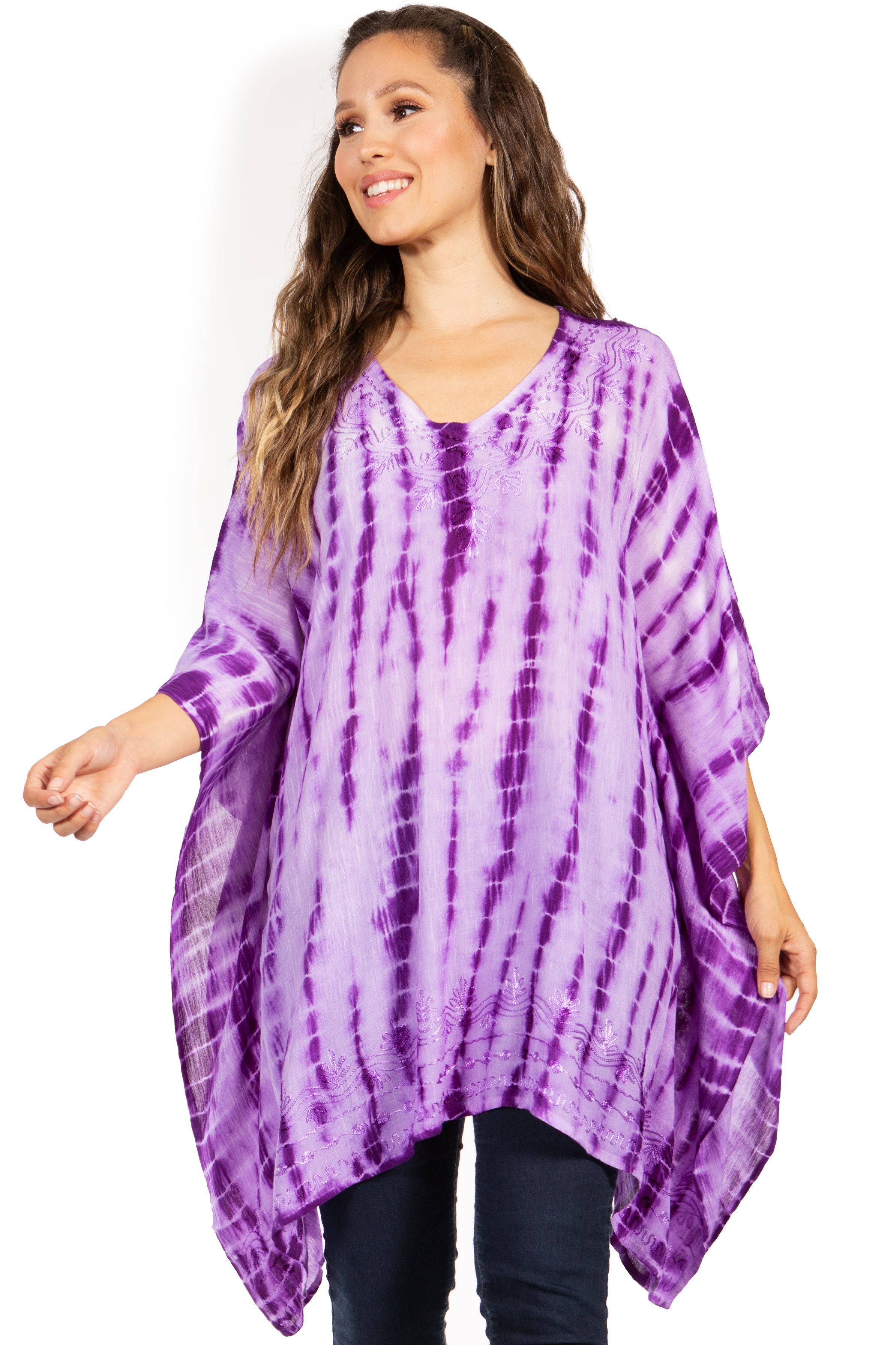 Woman wearing a purple tie-dye shirt on a white background