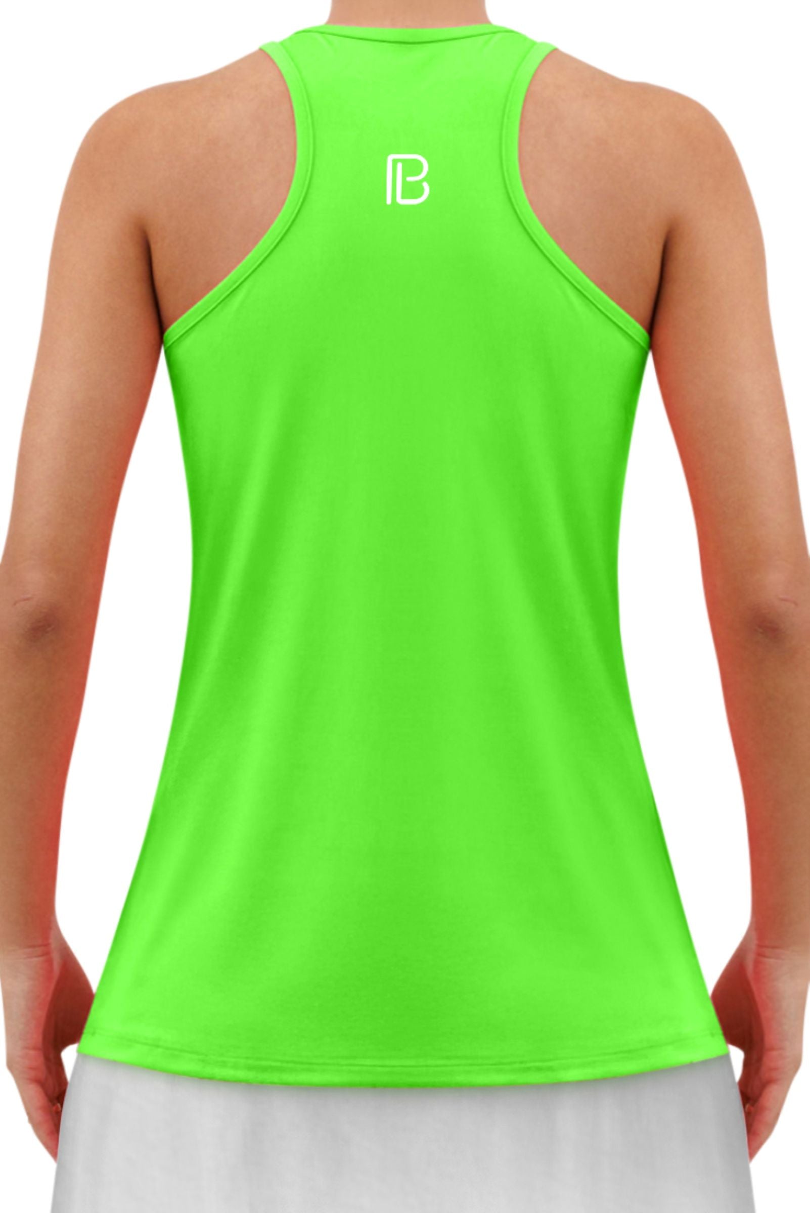 Neon green tank top with a logo on the back, worn by a person.