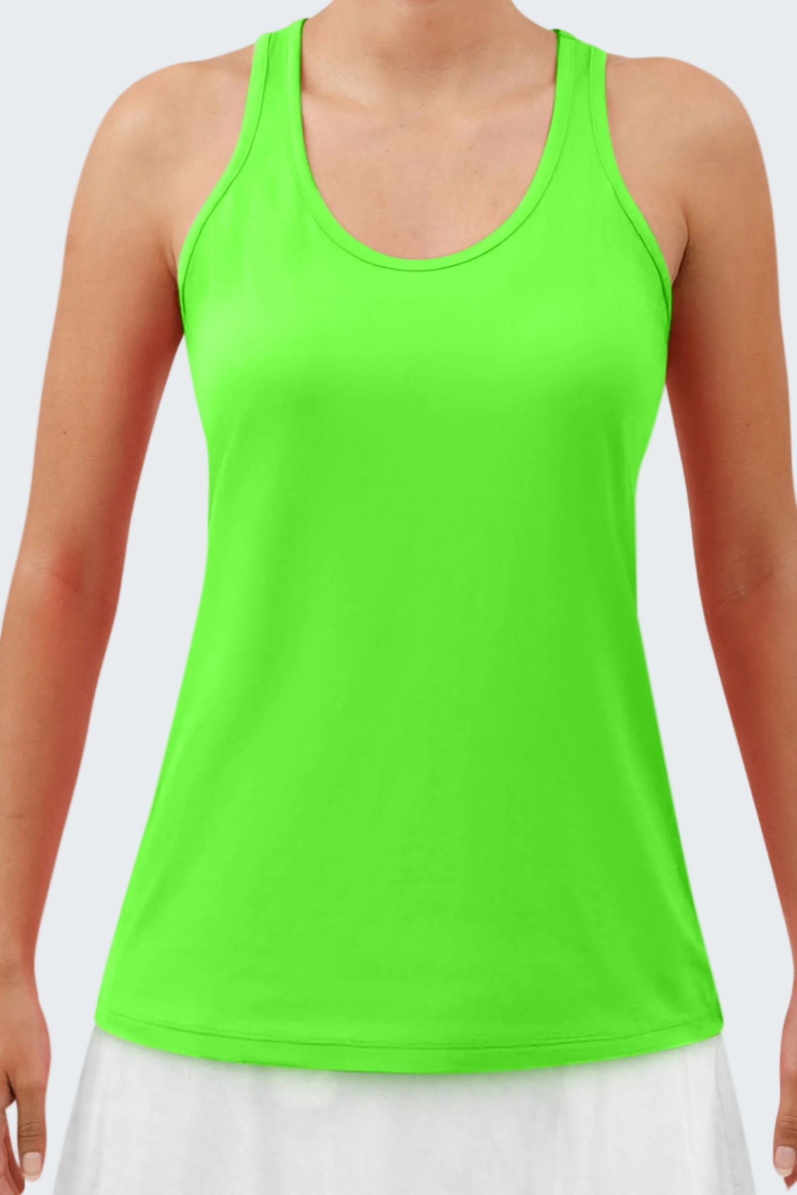 Neon green tank top worn by a person on a white background