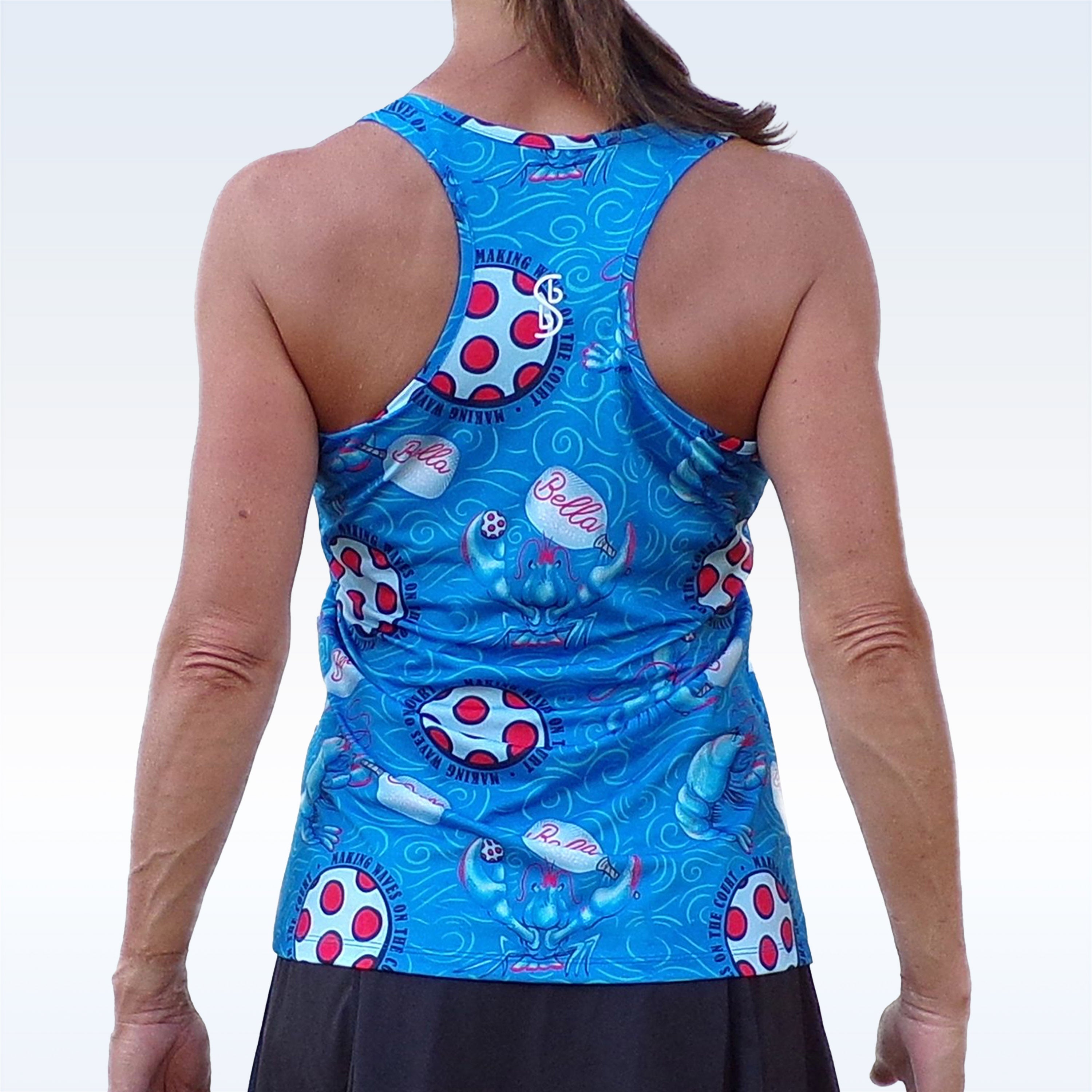 Blue tank top with cartoon character design on a plain background