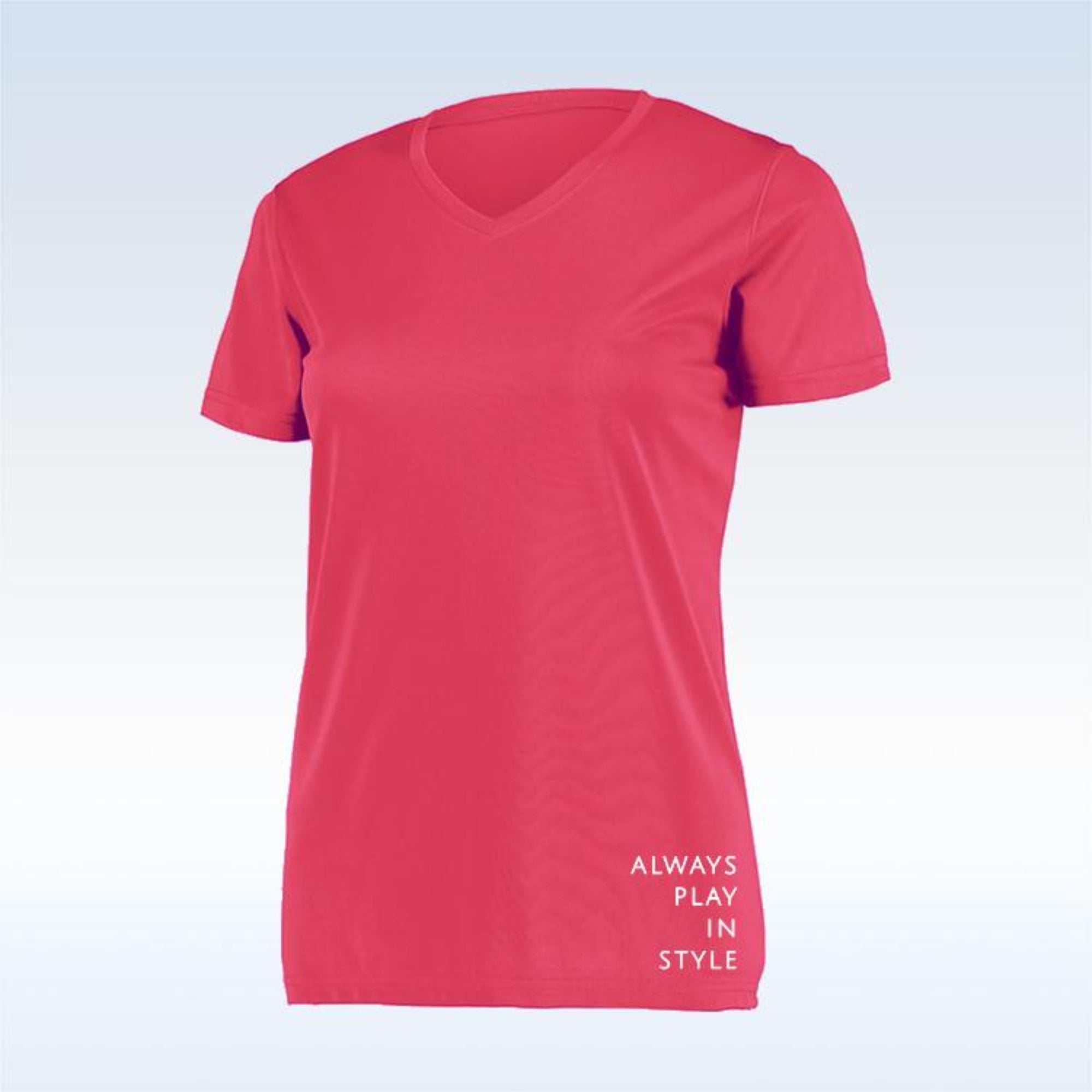 Red t-shirt with 'Always Play in Style' text on a light blue background