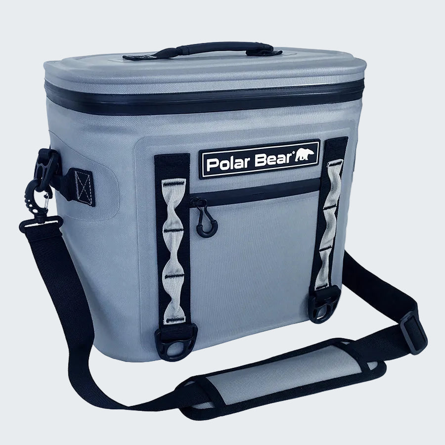 Gray cooler bag with black straps and 'Polar Bear' logo on a white background