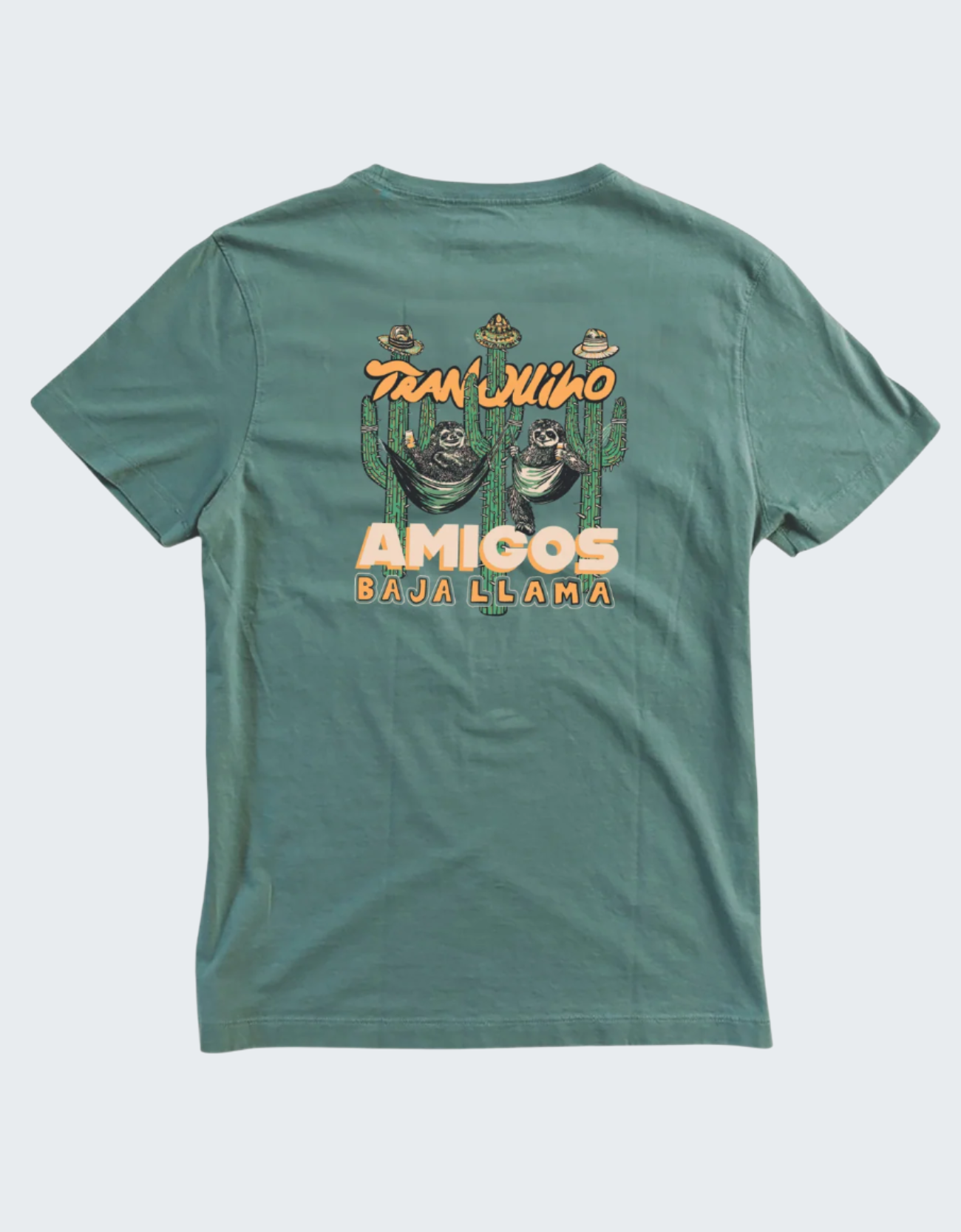 Green t-shirt with 'Amigos Baja Llama' graphic on a white background