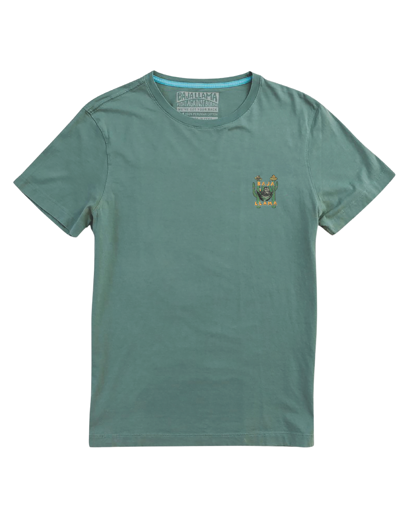 Green t-shirt with a small logo on a white background