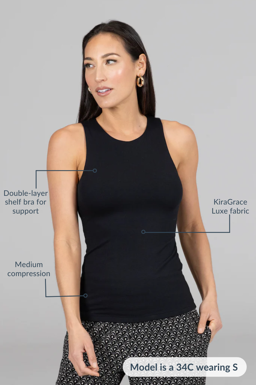 Woman wearing a black tank top with text highlighting features on a gray background