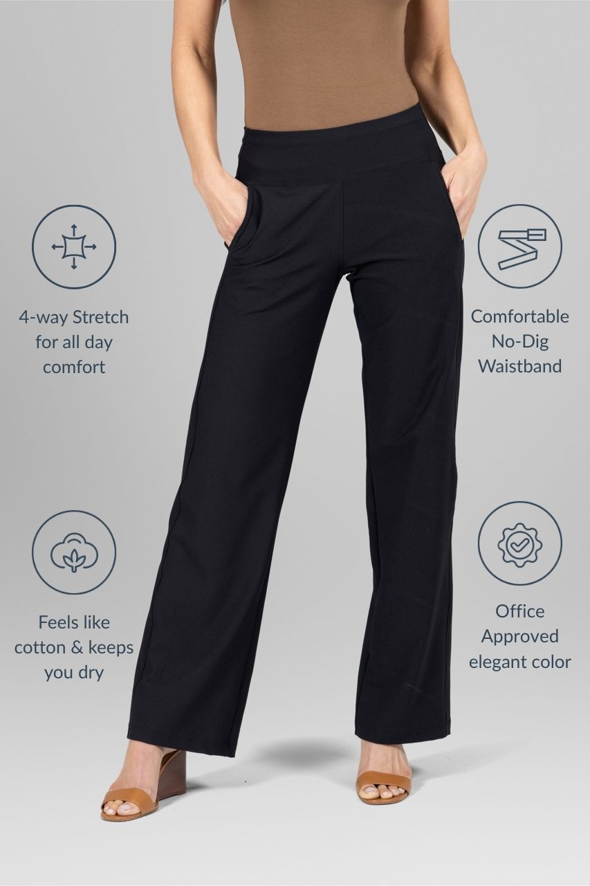Black pants worn by a person on a gray background with features highlighted.