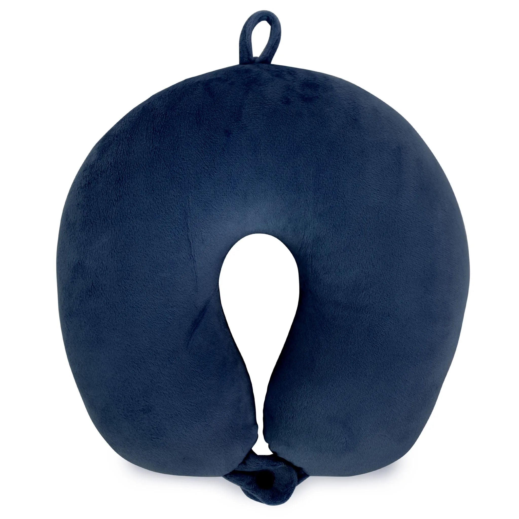 Navy blue U-shaped travel neck pillow on a white background