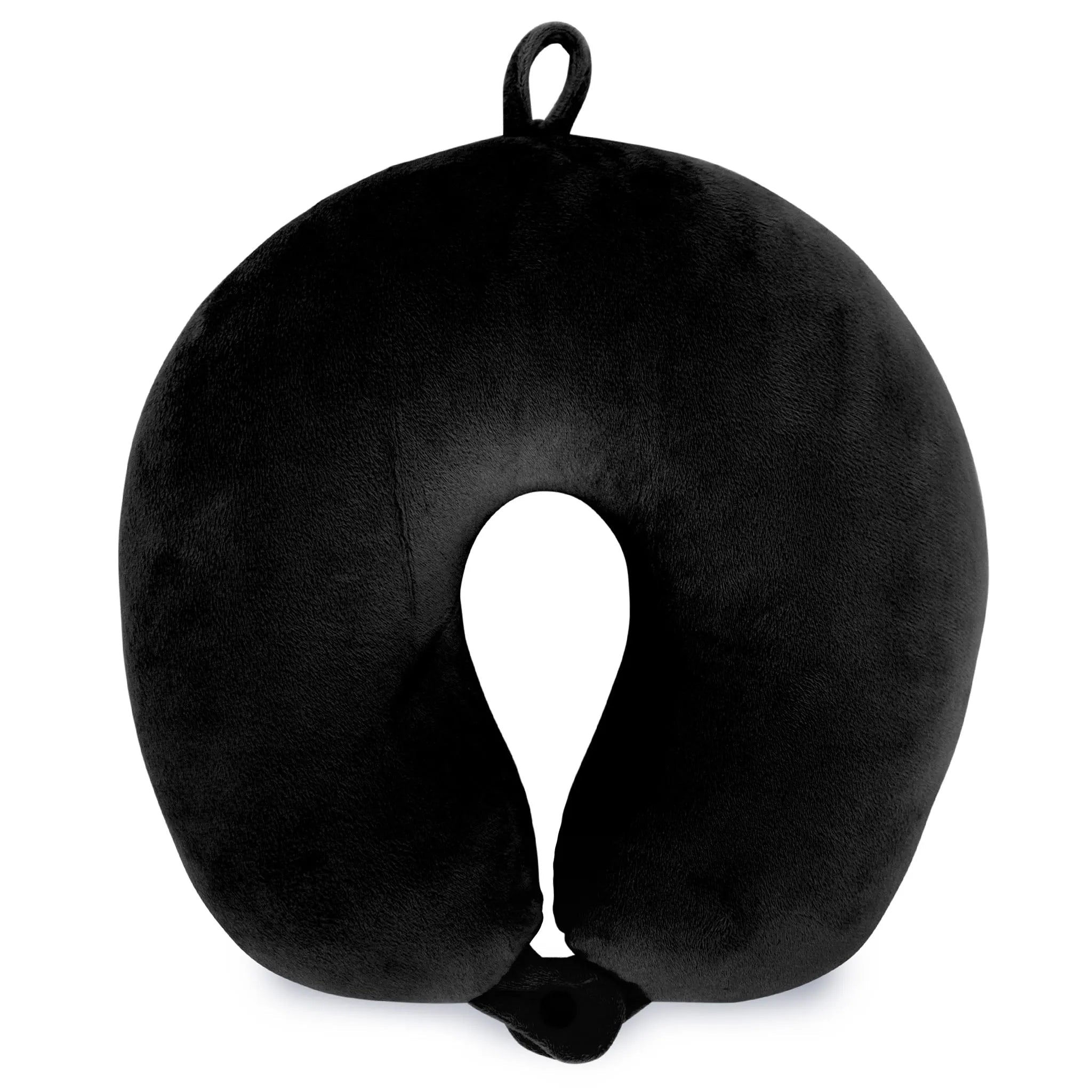 Black U-shaped travel neck pillow on a white background