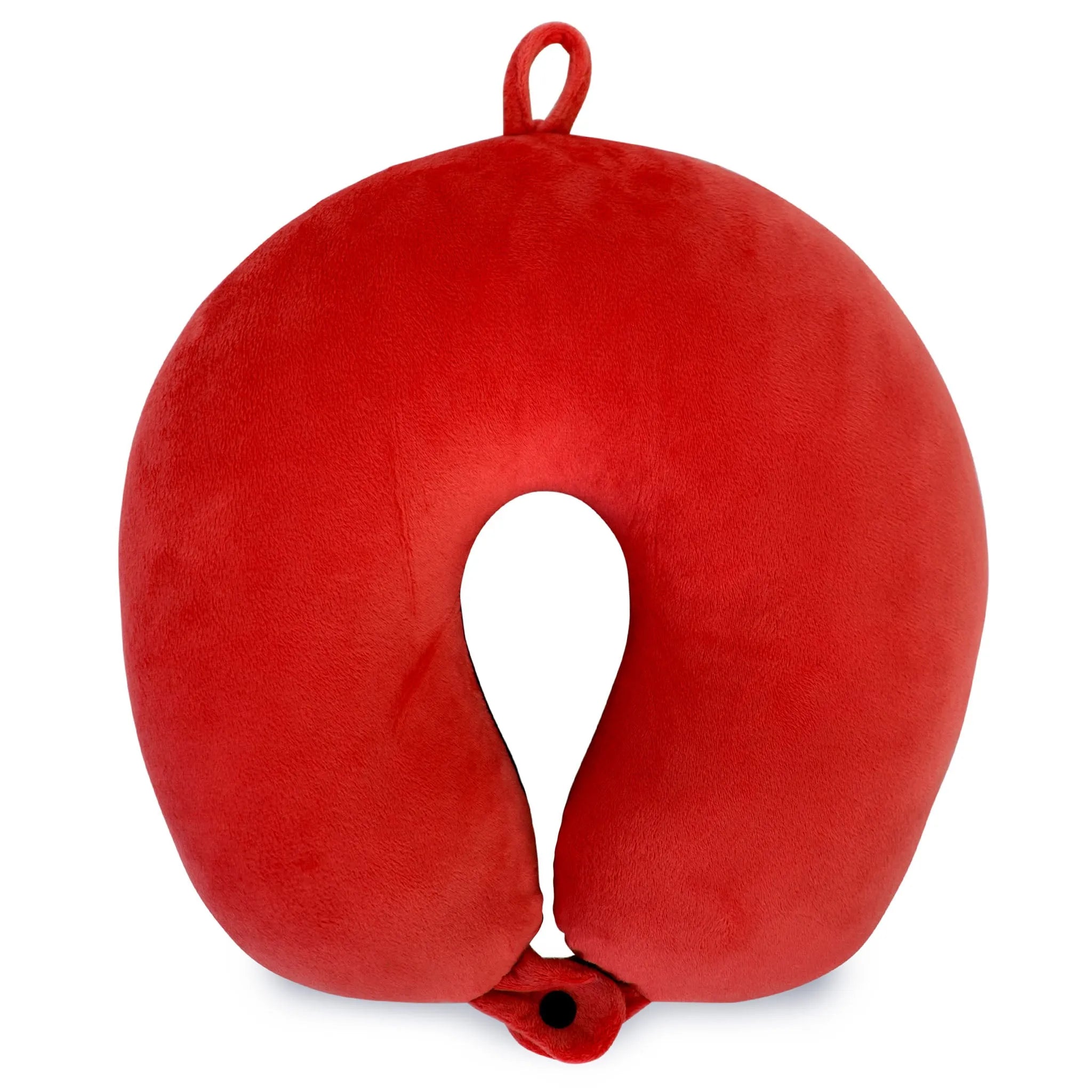Red U-shaped travel pillow on a white background