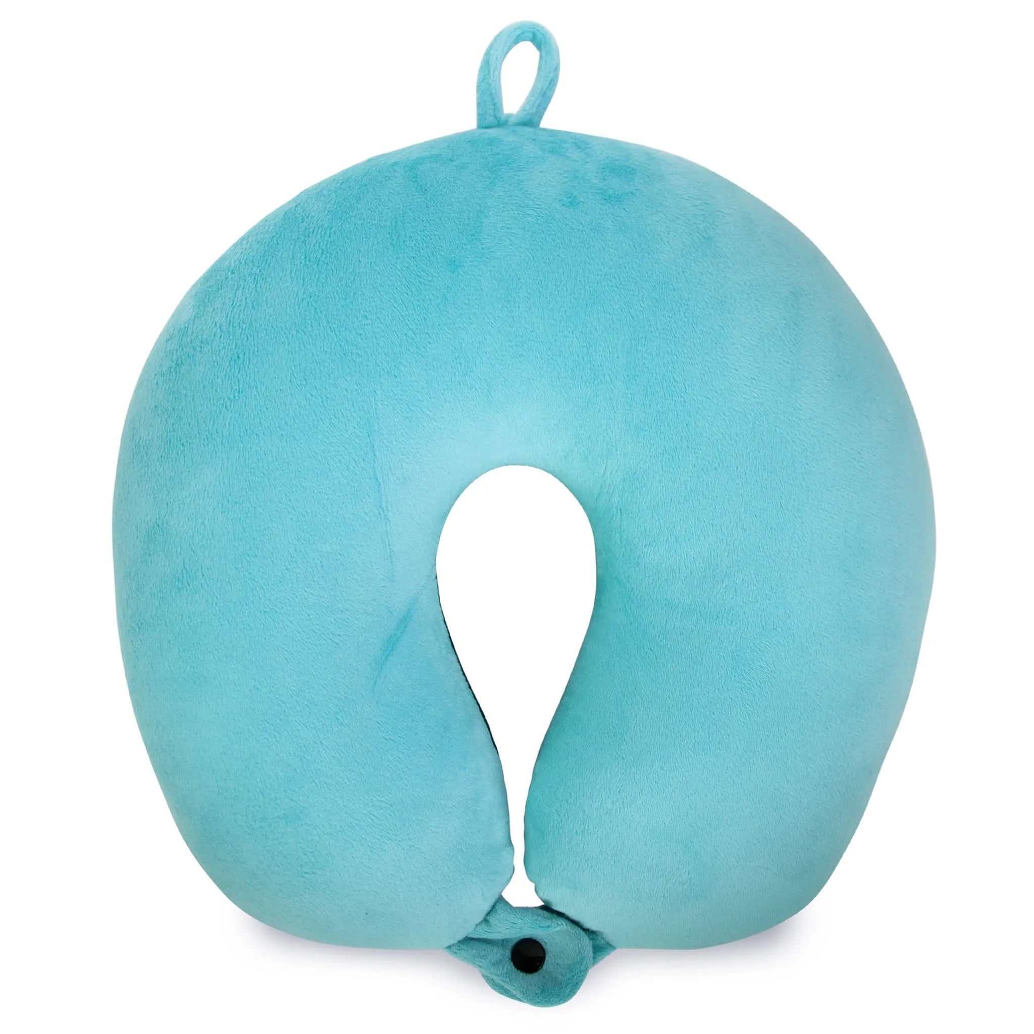 Turquoise U-shaped travel neck pillow on a white background