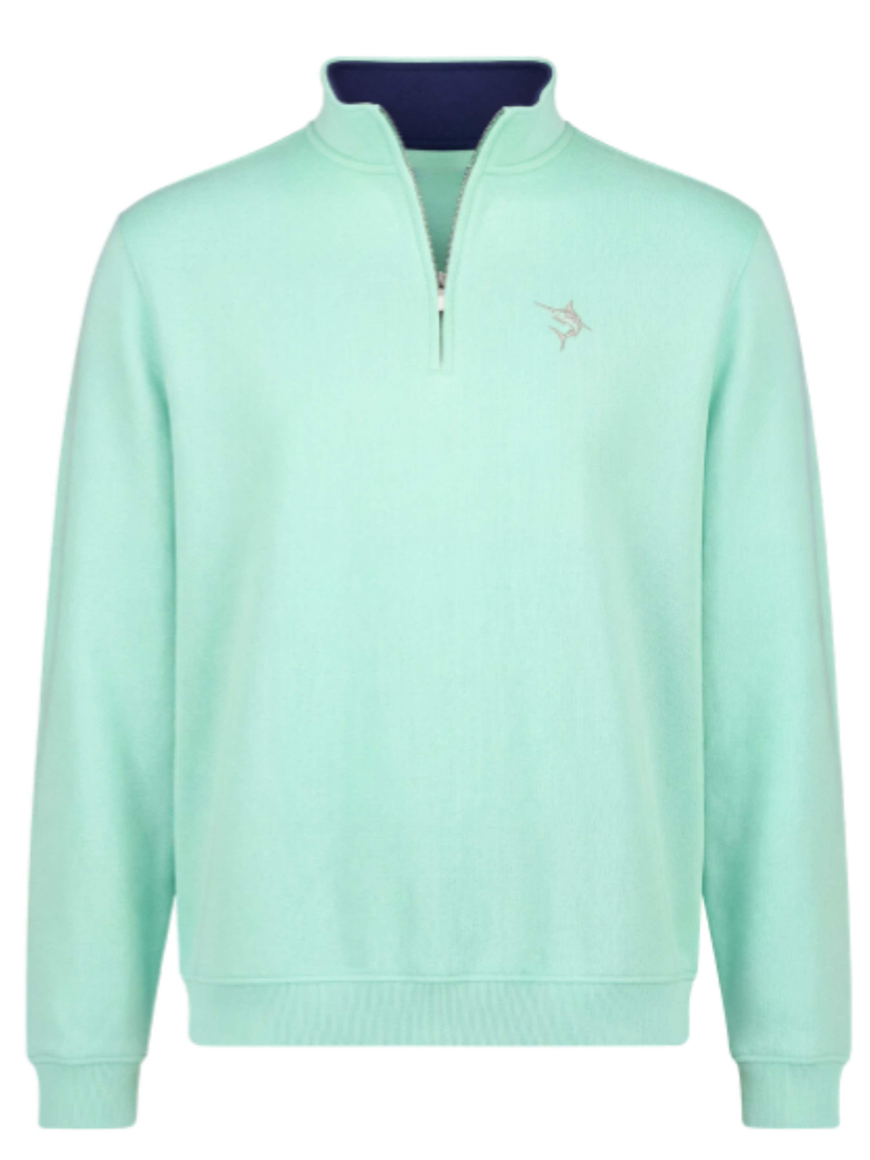 Light blue pullover with a small logo on a white background