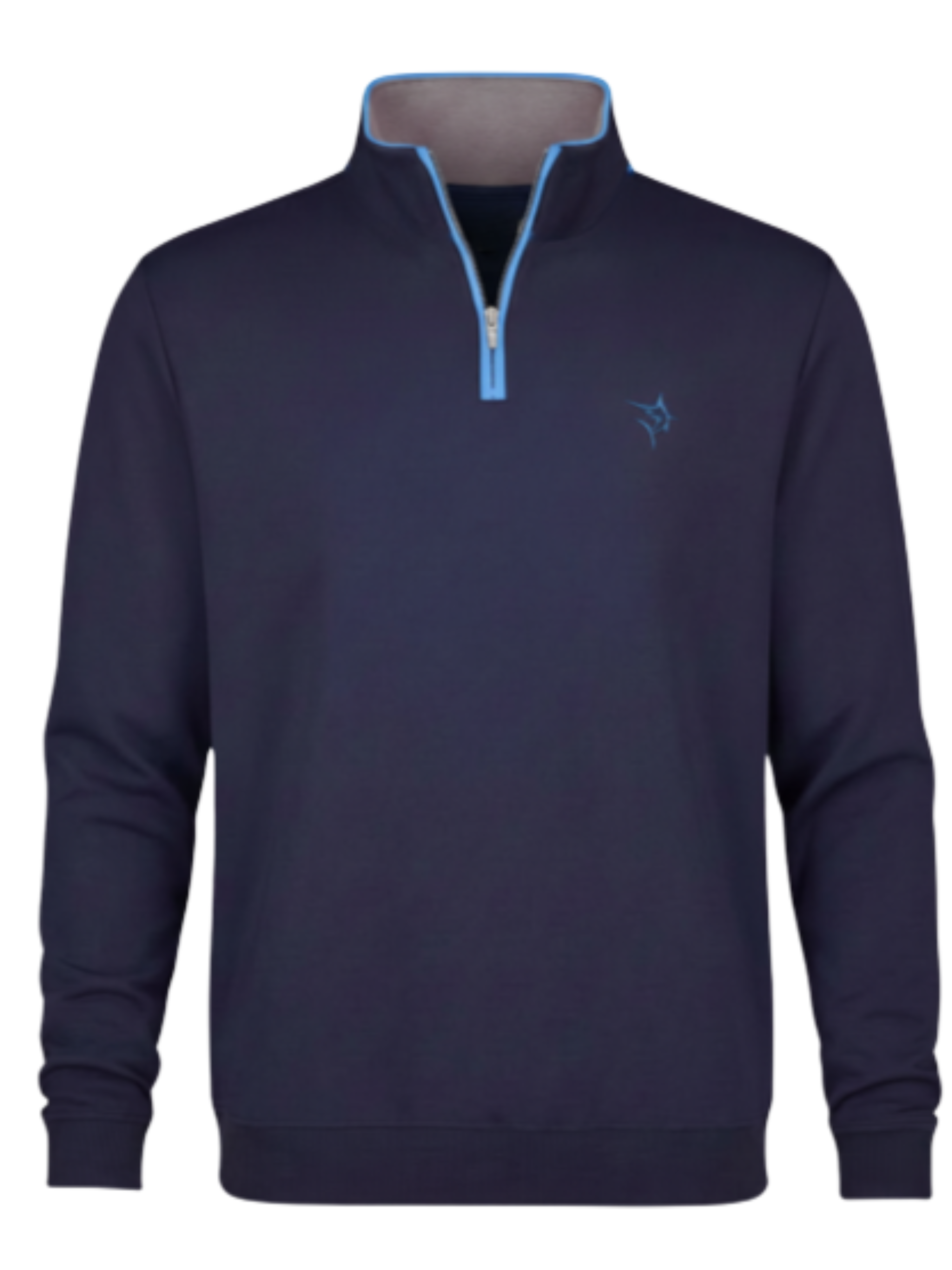 Navy blue pullover with a small logo on a white background