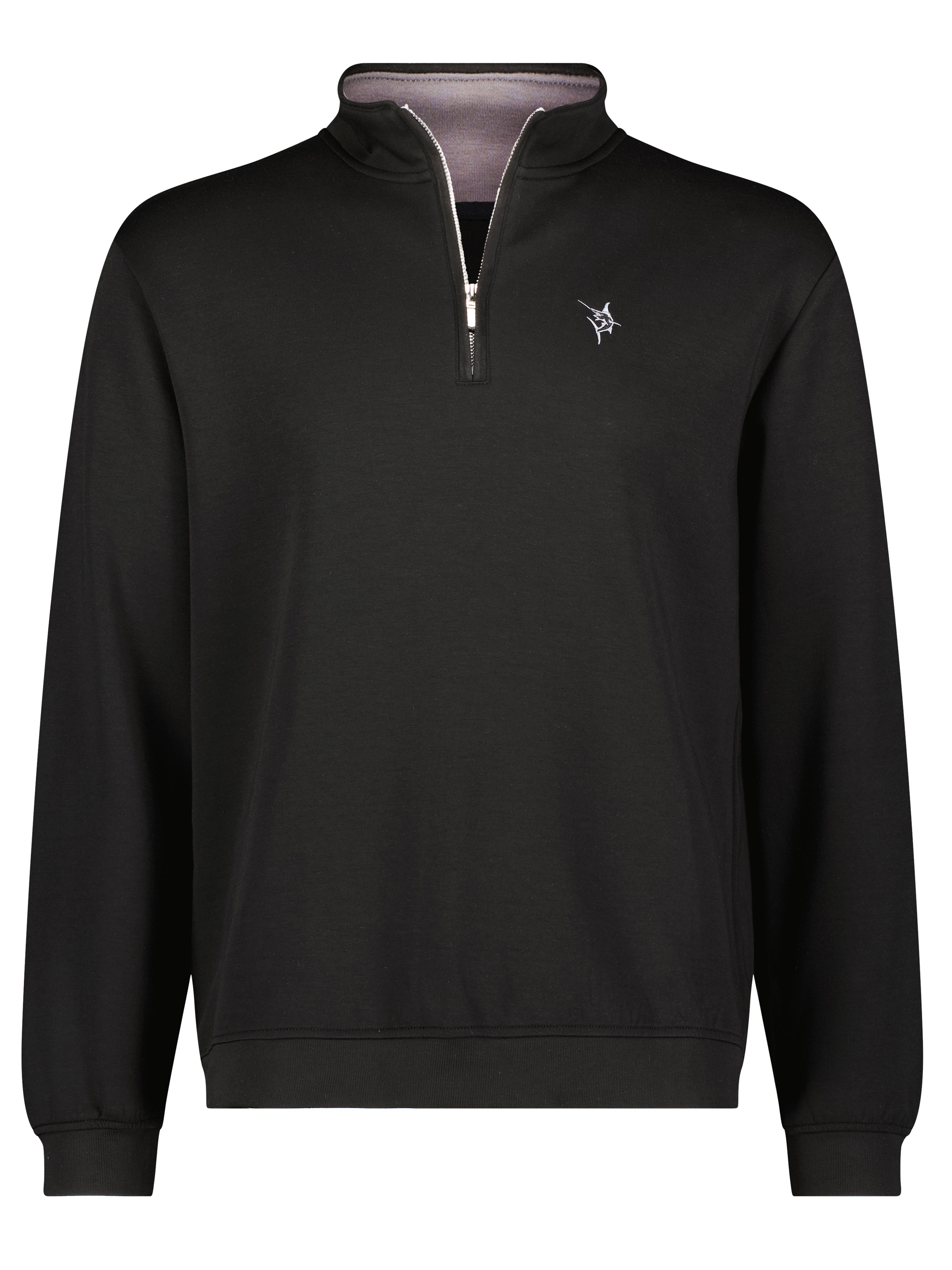 Black quarter-zip sweatshirt with a logo on a white background