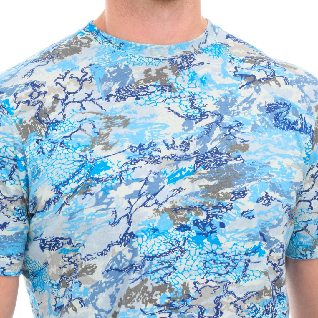 Blue and gray camouflage-patterned shirt on a person