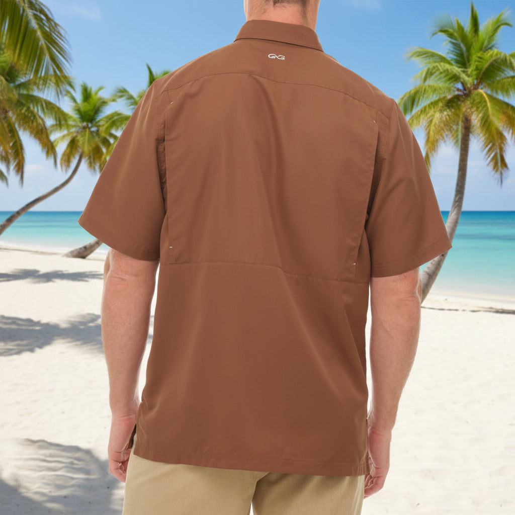 Brown short-sleeve shirt worn by a person on a white background