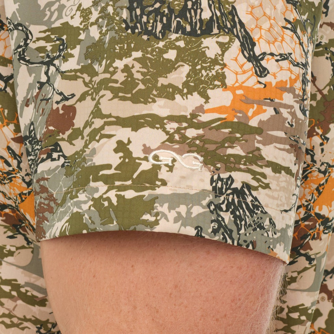 Close-up of camouflage-patterned shorts with a focus on the fabric texture.