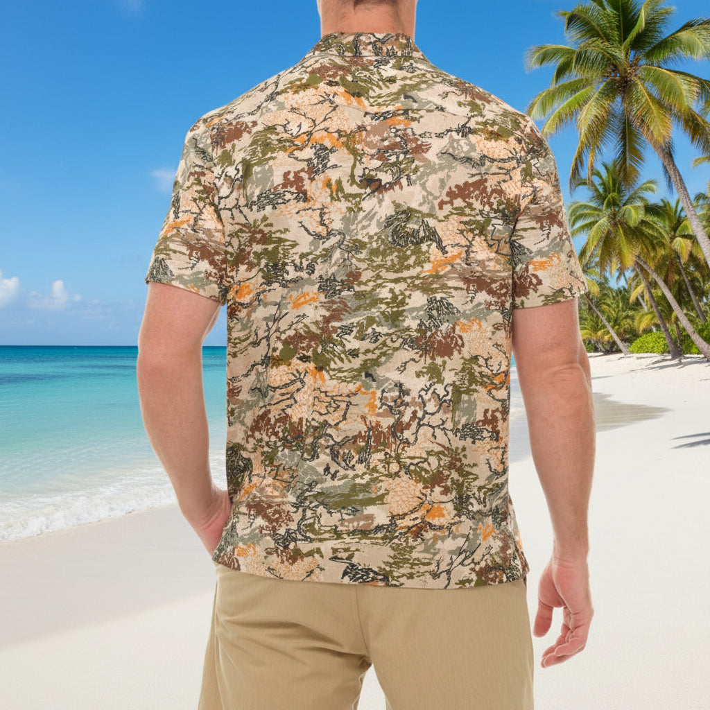 Person wearing a camouflage shirt on a white background