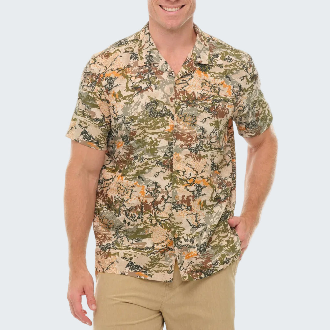 Man wearing a camouflage shirt on a white background