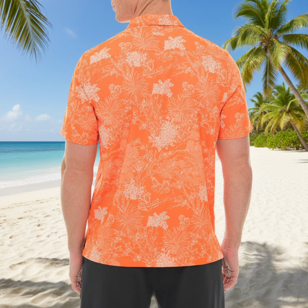 Orange floral patterned shirt worn by a person on a white background