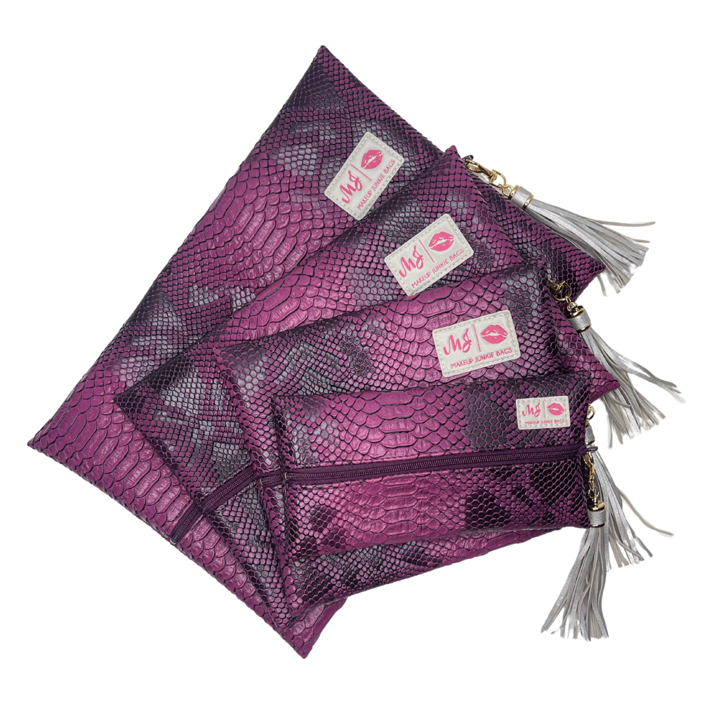 Purple mesh bag with tassel and visible brand logo on a white background