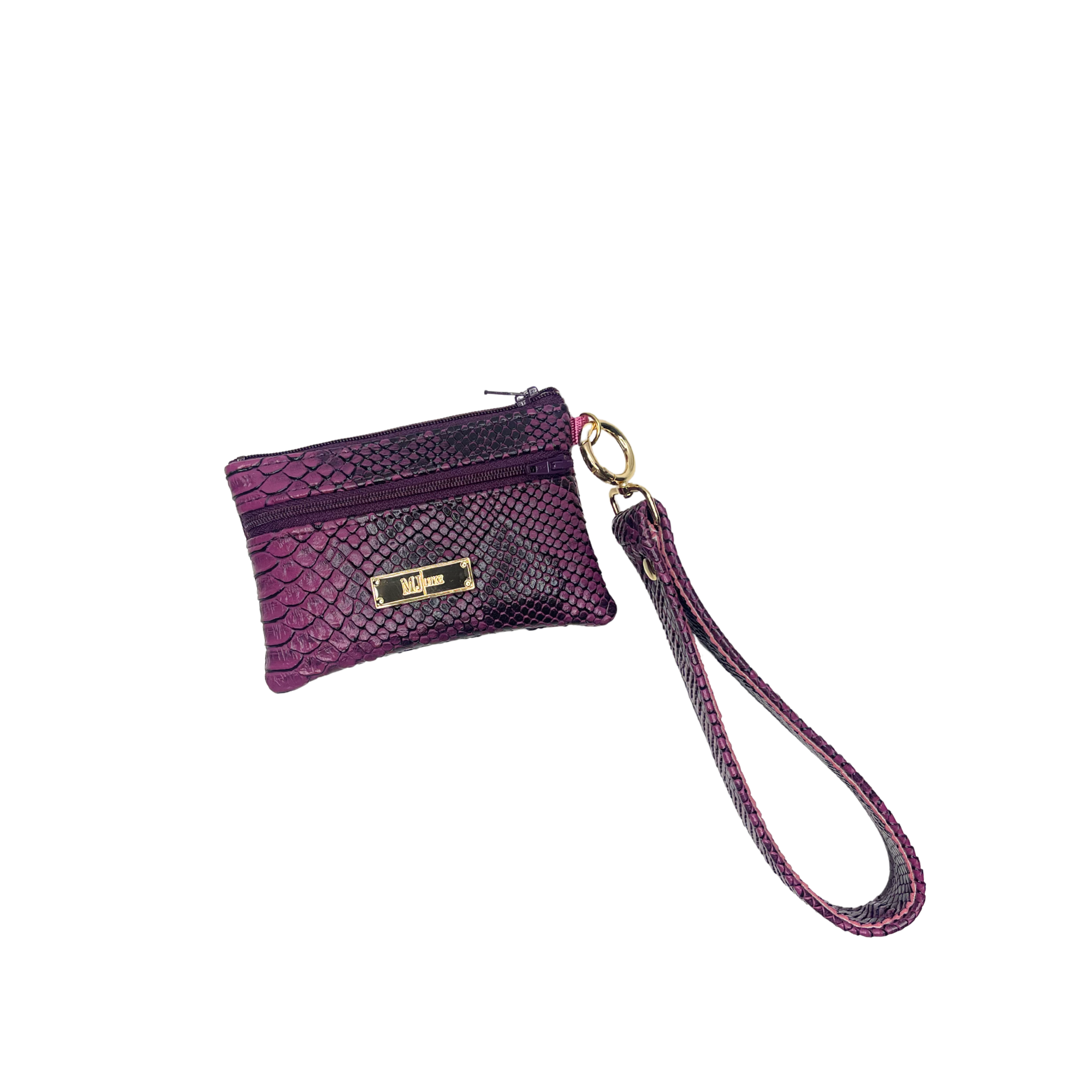 Purple wristlet with a gold clasp on a white background