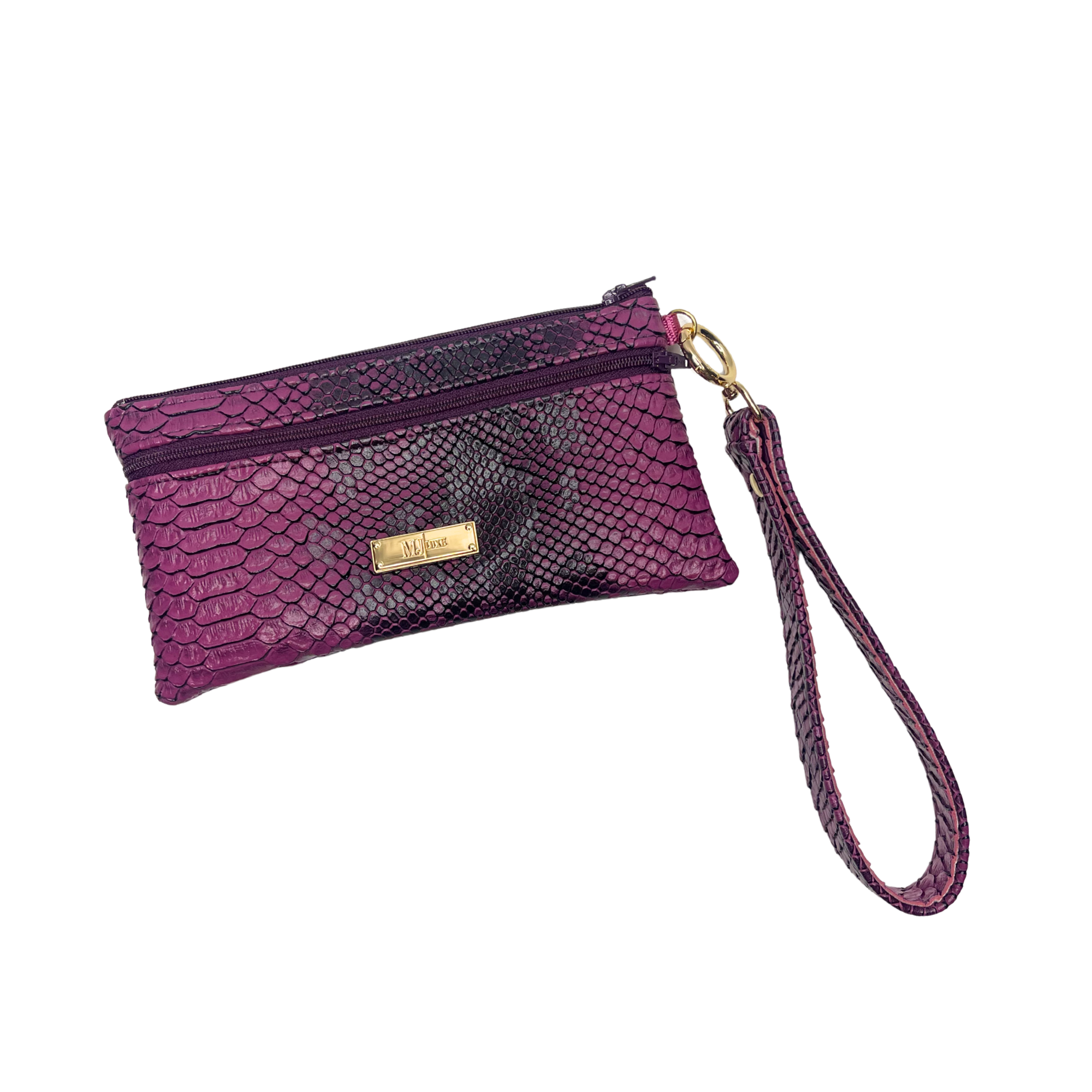 Purple wristlet with snakeskin pattern and gold zipper on a white background