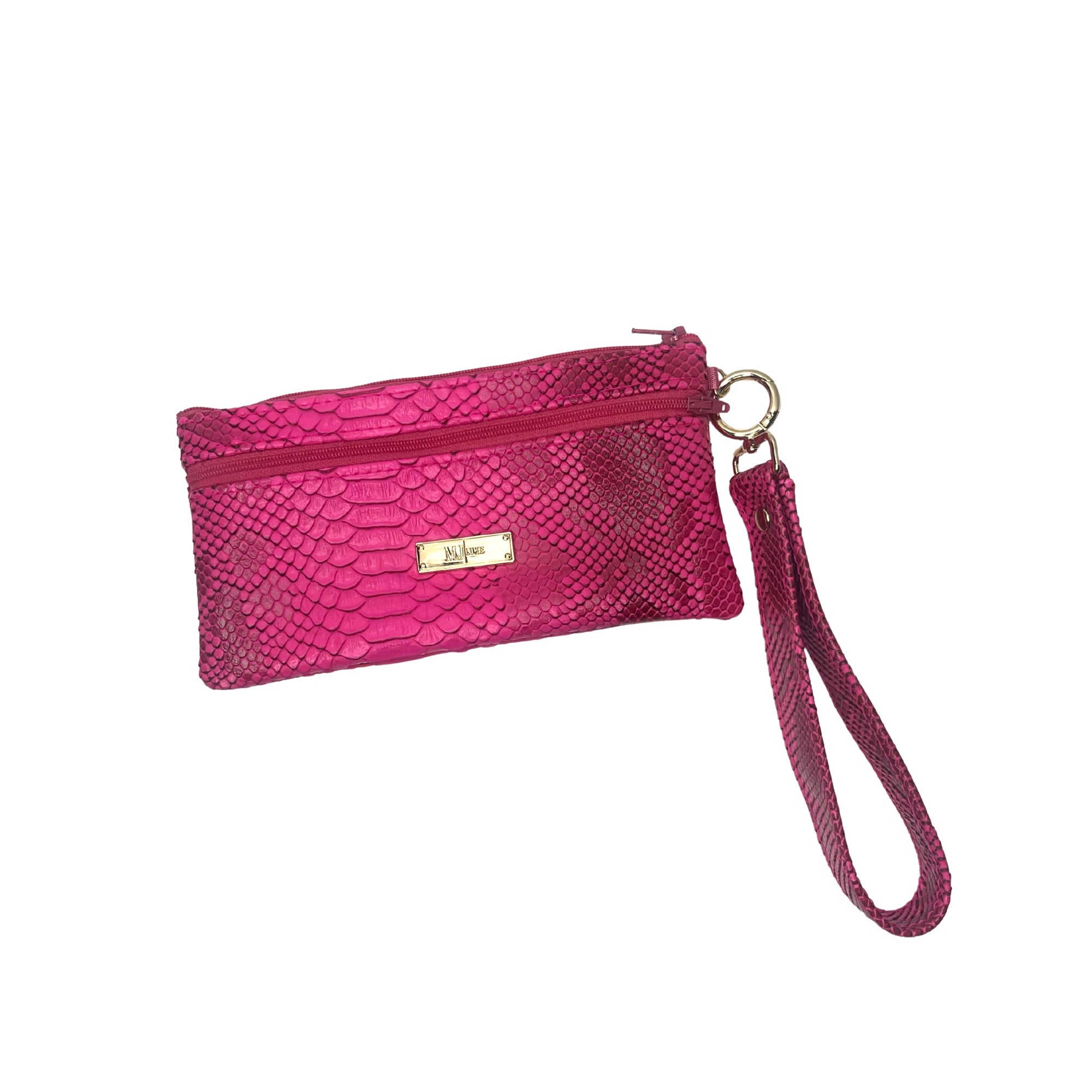 Pink wristlet with snakeskin pattern on a white background