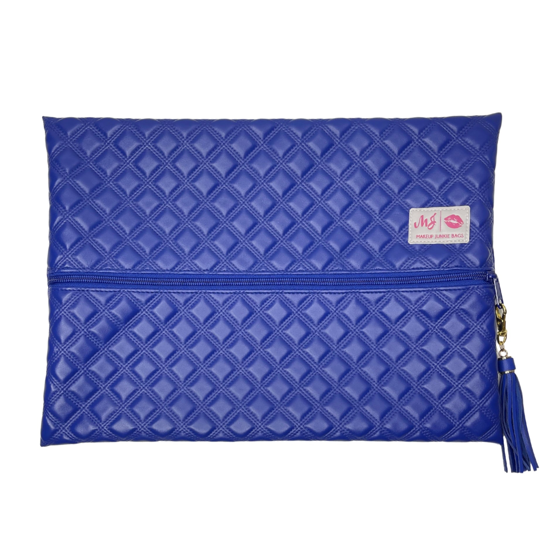 Blue quilted pouch with a tassel on a white background