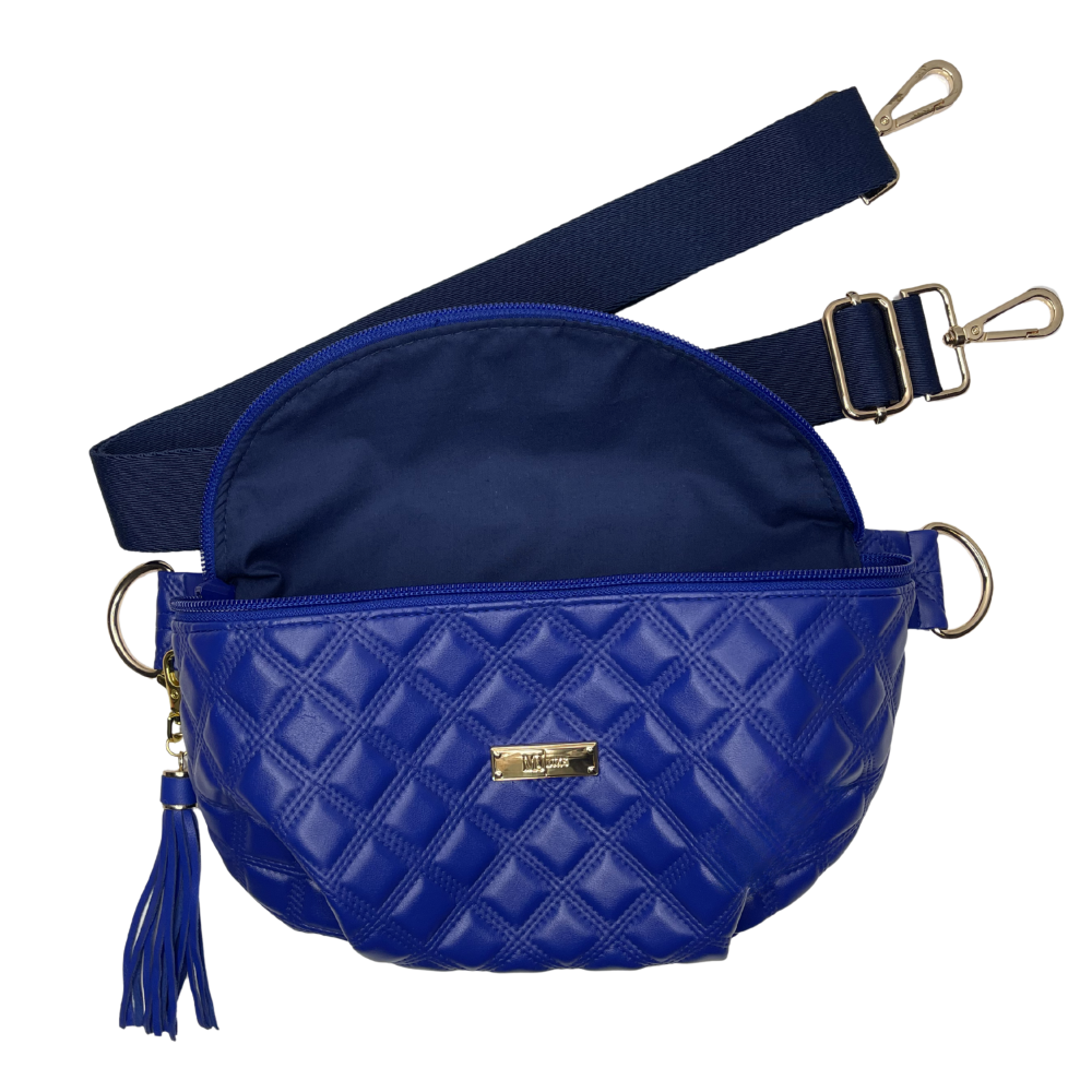 Blue quilted fanny pack with a strap on a white background