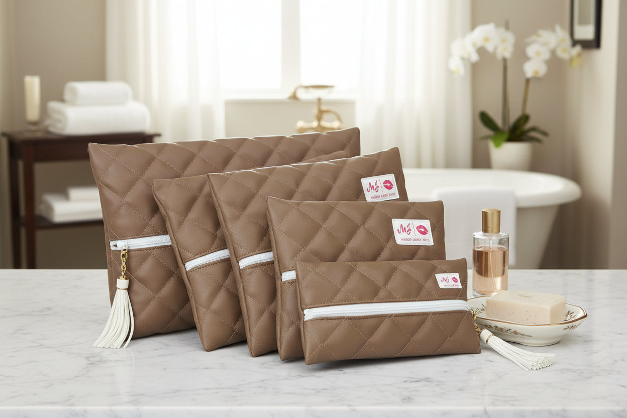 Set of brown quilted pouches with white zippers and tassels on a white background