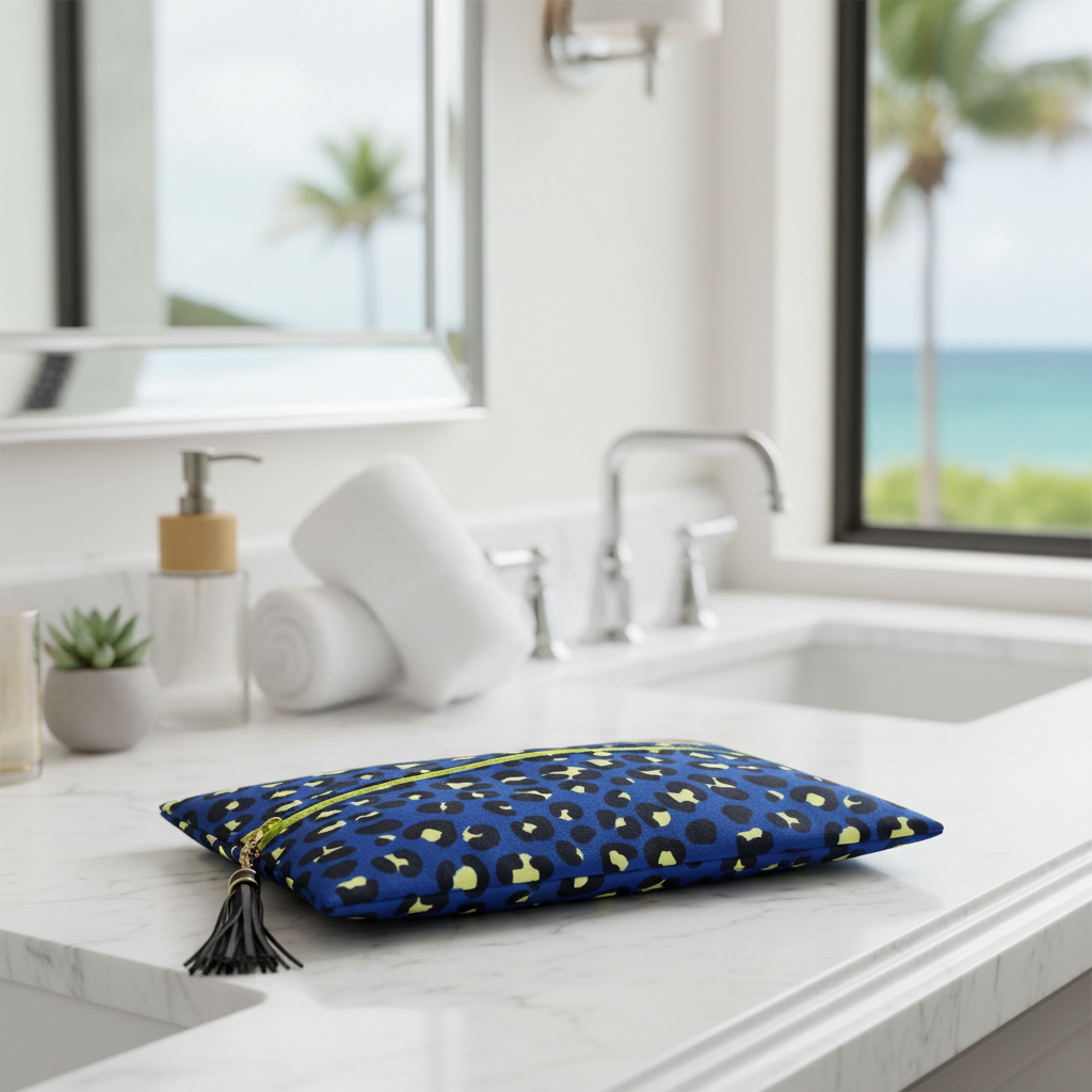 A blue zippered pouch with a black and yellow leopard print pattern, featuring a black tassel zipper pull and a pink 'JHS JEFFERSON HIGH SCHOOL BACK' patch on the front.
