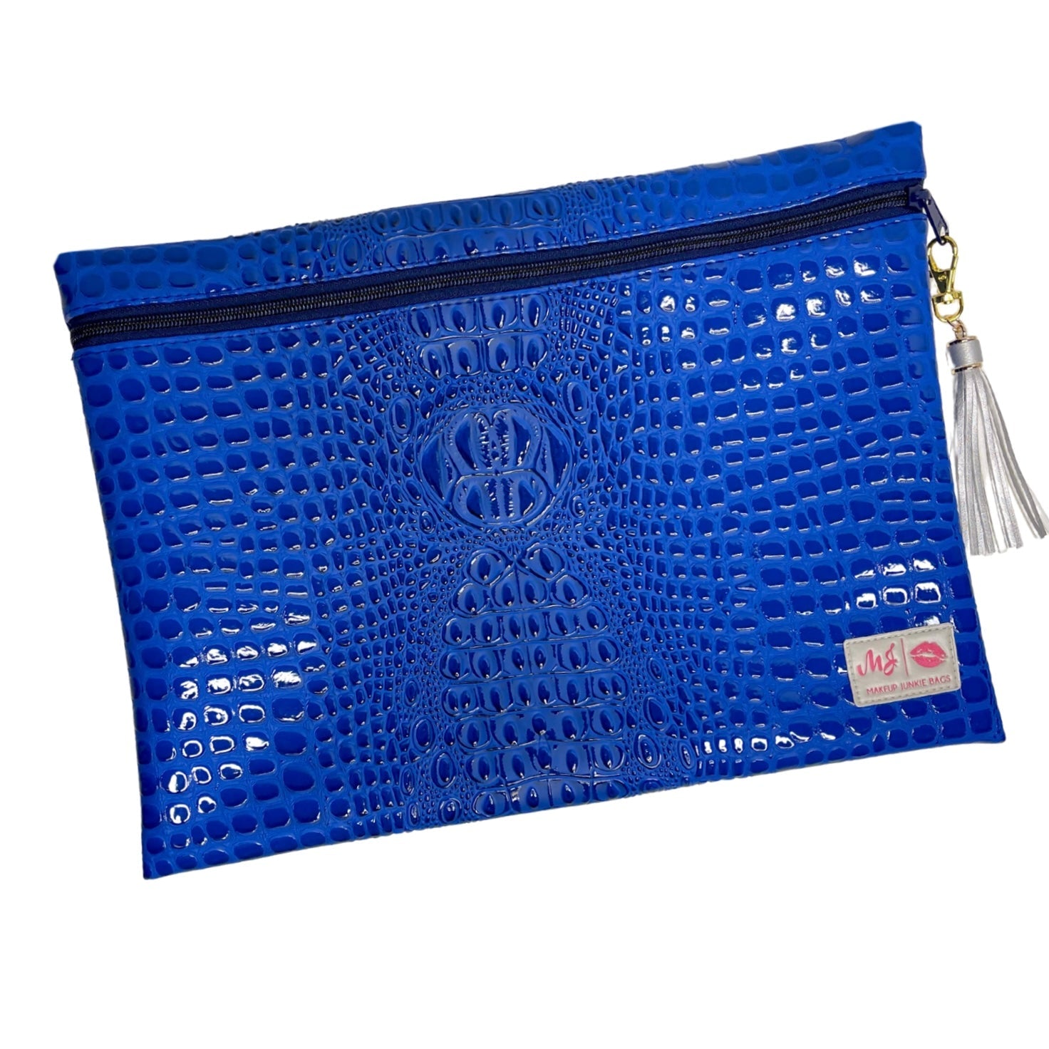 Blue textured pouch with a brand logo and tassel on a white background