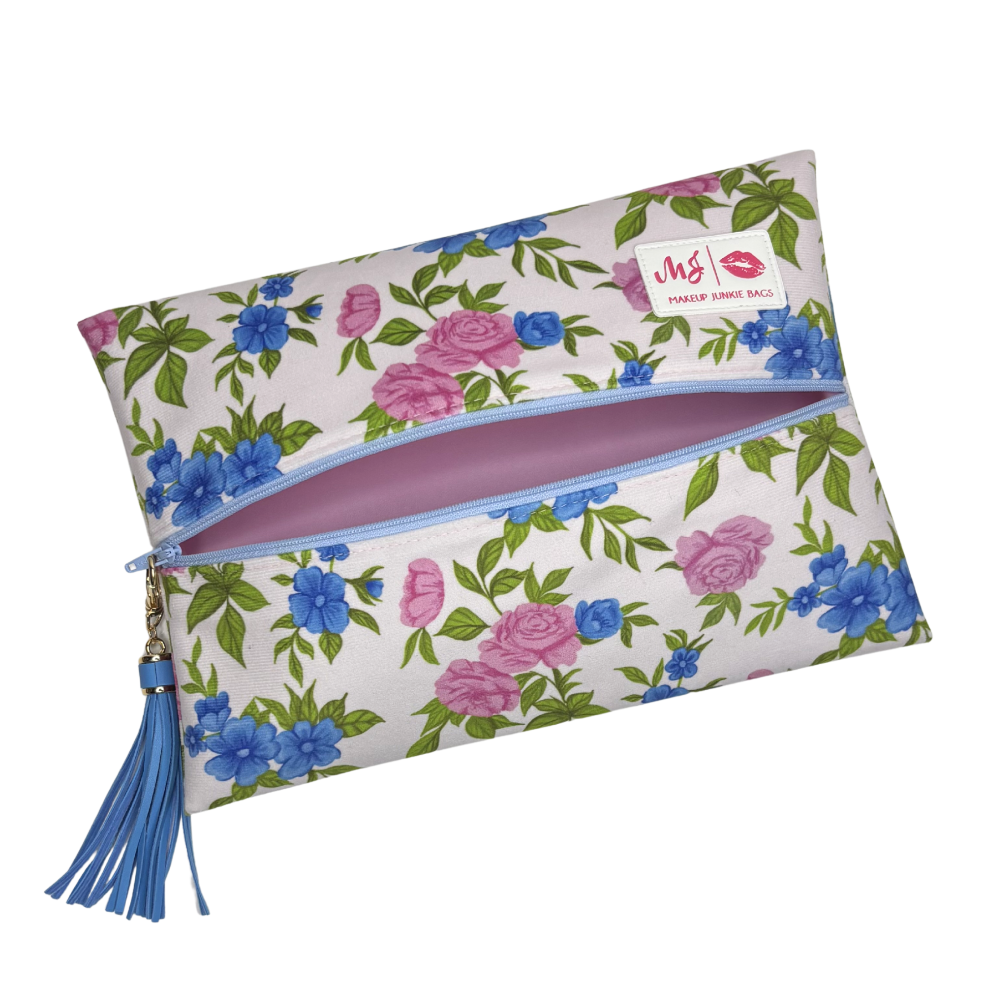 Floral-patterned pouch with a blue tassel on a white background