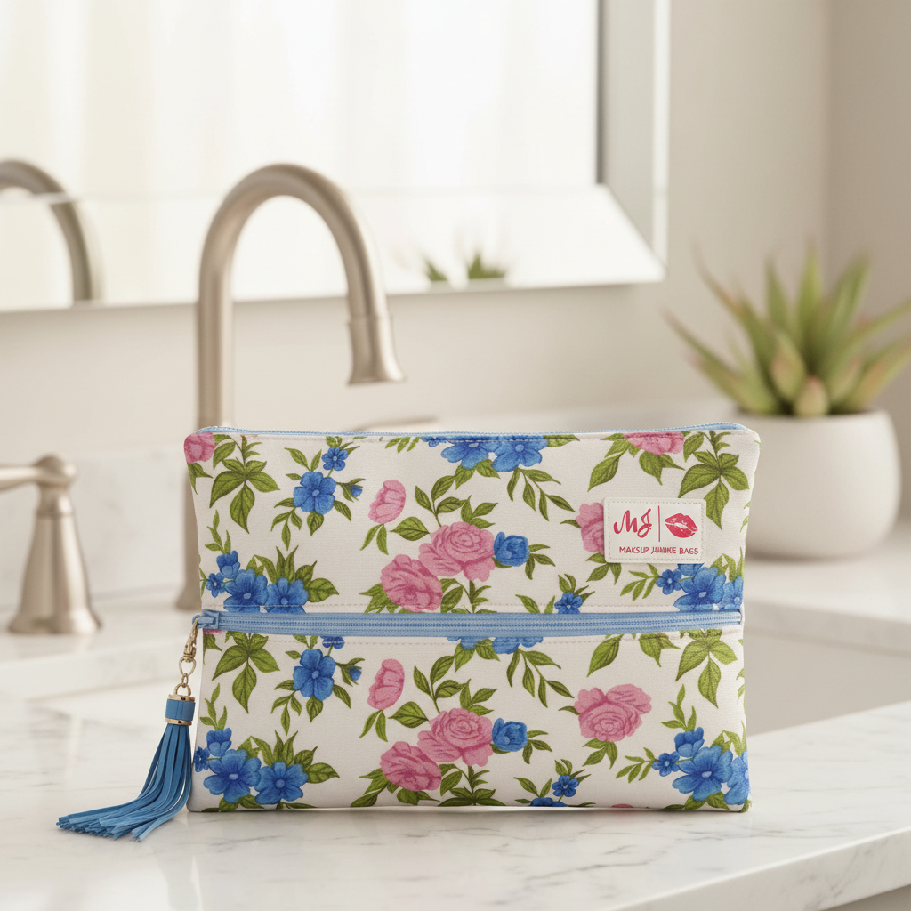 Floral-patterned pouch with a blue tassel on a white background